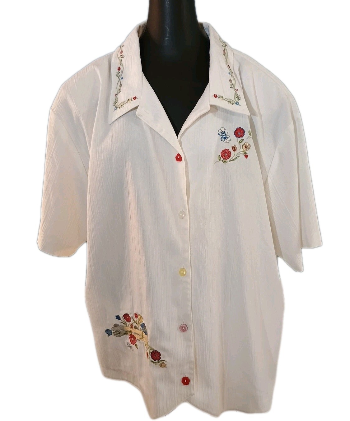 Vtg Teddi Blouse Womens sz 2X Button Up Embroidered Short Sleeve Cottage Core