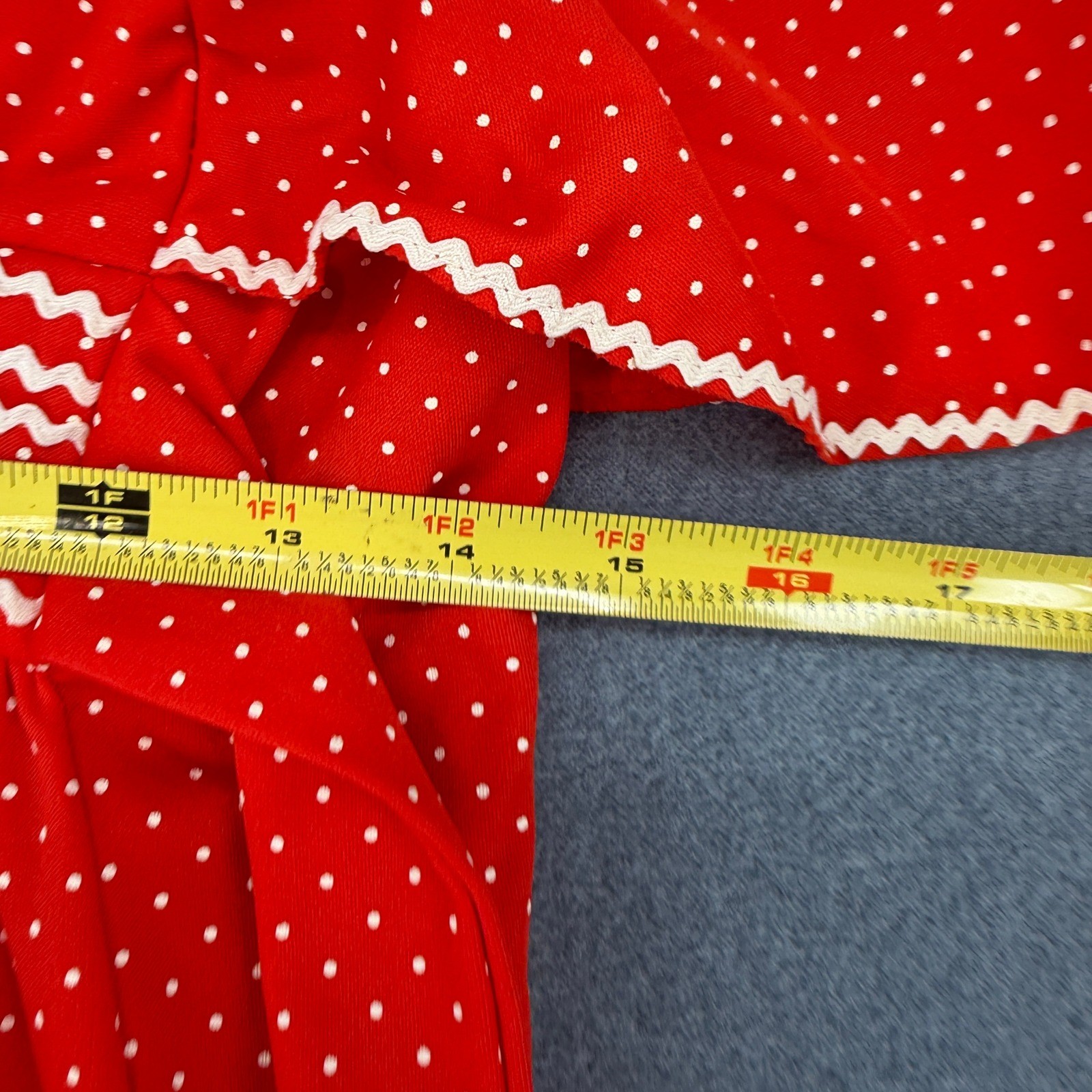 Vintage 70s ILGWU Red Polka Dot Flutter Sleeve Maxi Dress Rick Rack Trim Small S