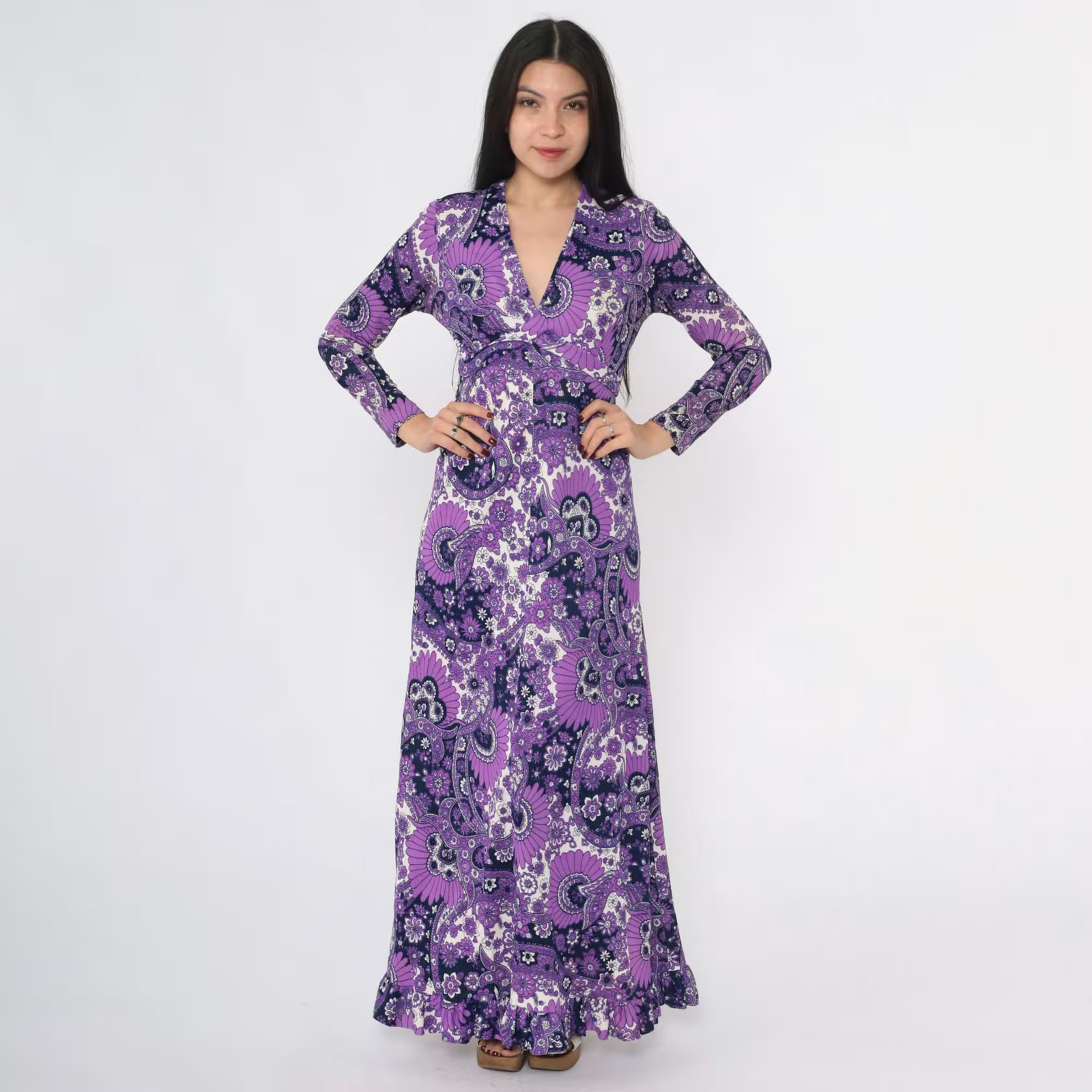 70s Psychedelic Maxi Dress Vintage Purple Paisley Floral Print Bohemian Gown V N