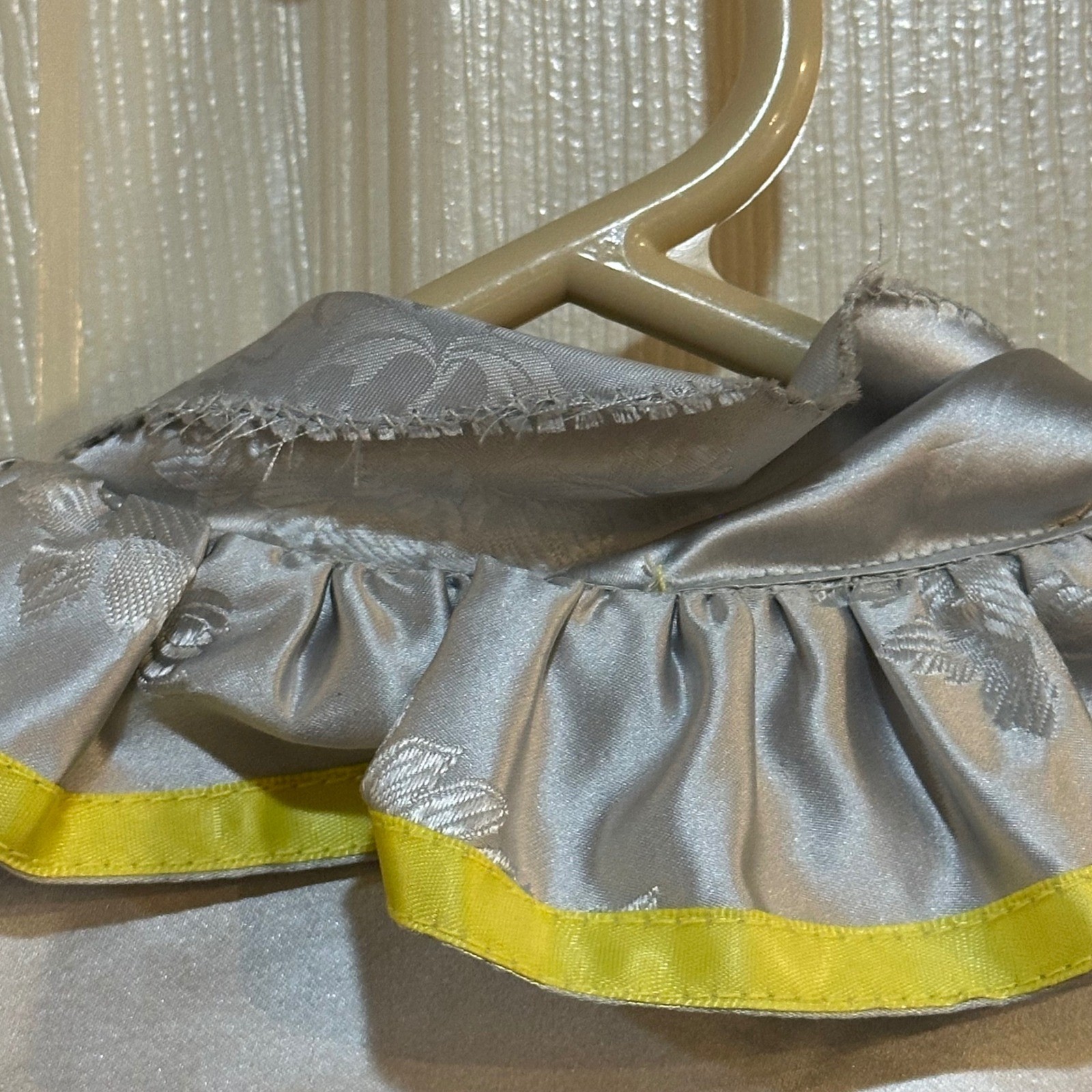 Vintage Silver Floral Damask Maxi Dress Yellow Ribbon Ruffle Collar Handmade