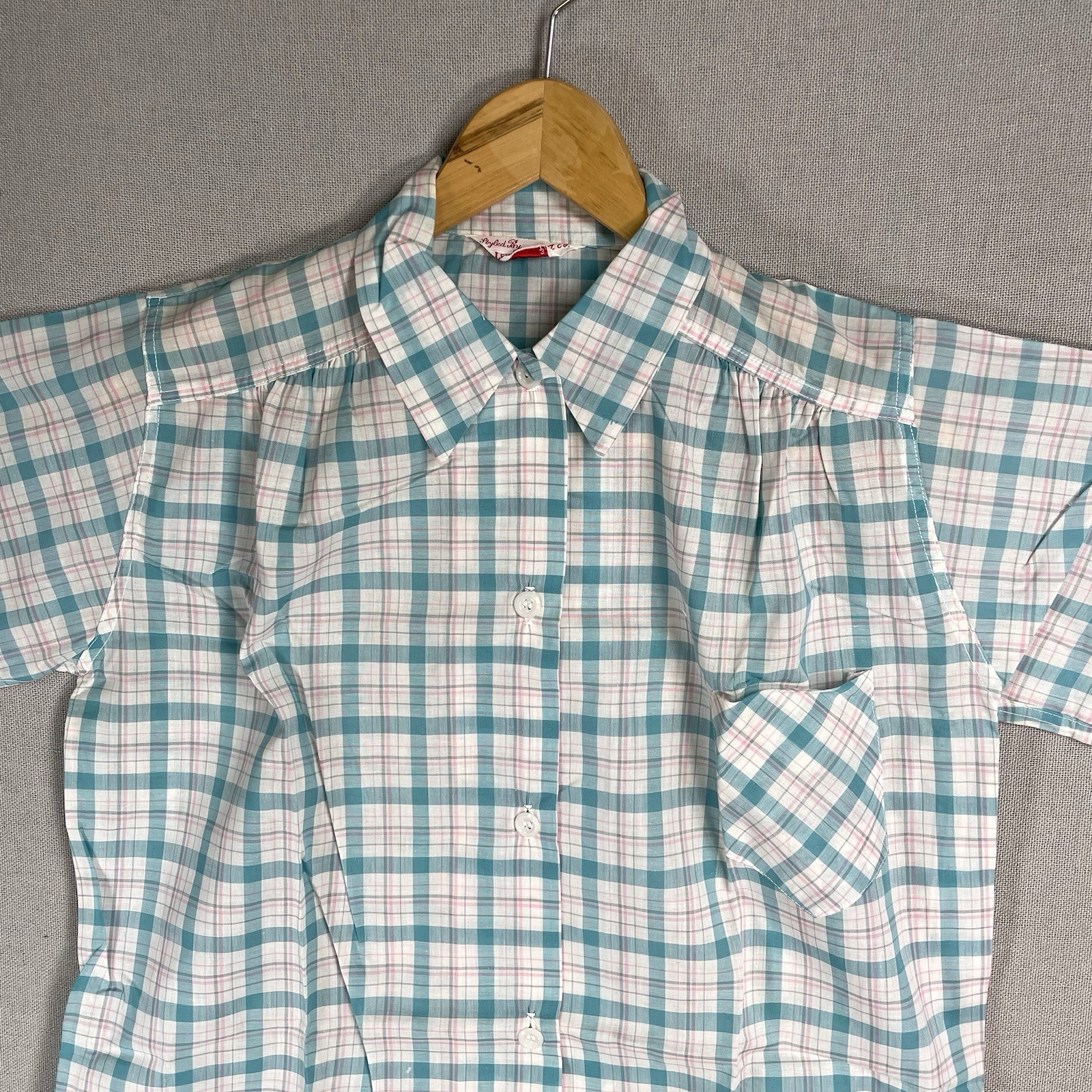 VINTAGE 60s Lewis Frimel Pajama Shirt Plaid Womens Size 32 Cotton Short Sleeve