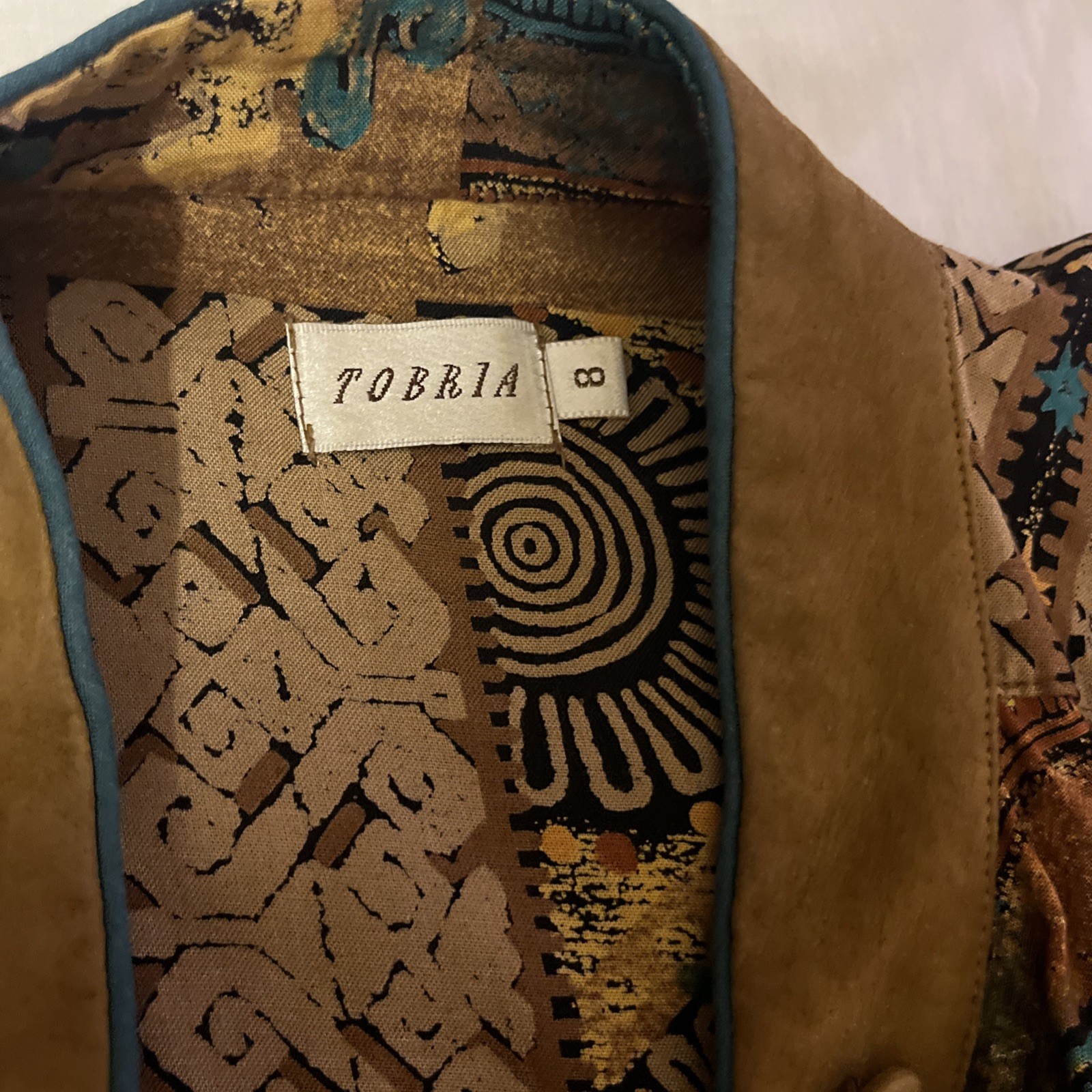 Vintage Tobria Abstract Print Rayon Button Up Blouse Shoulder Pads Size 8 USA