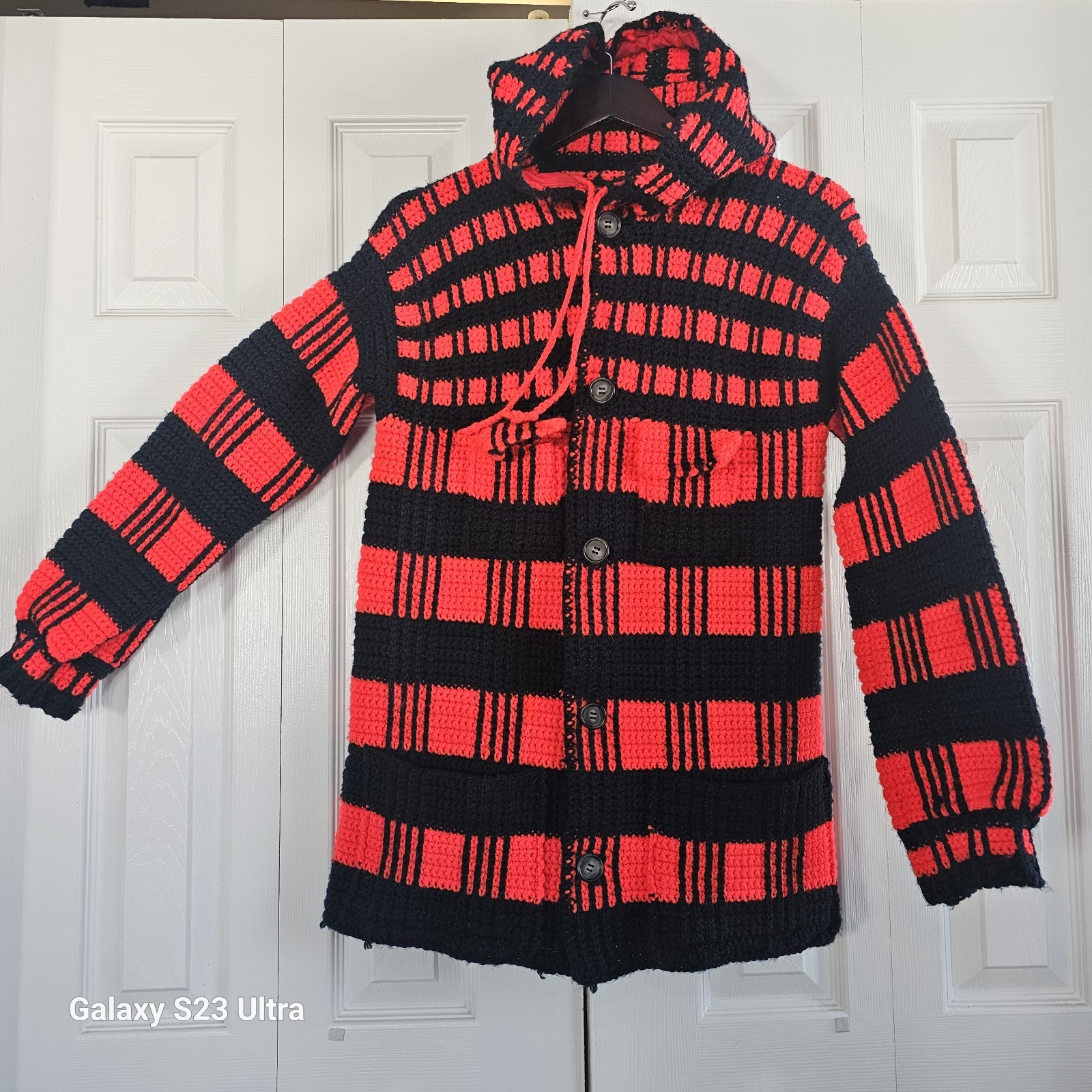 VTG 70s CROTCHET Black and Red HEAVY Jacket Coat w HOOD BUTTONS POCKETS Handmade