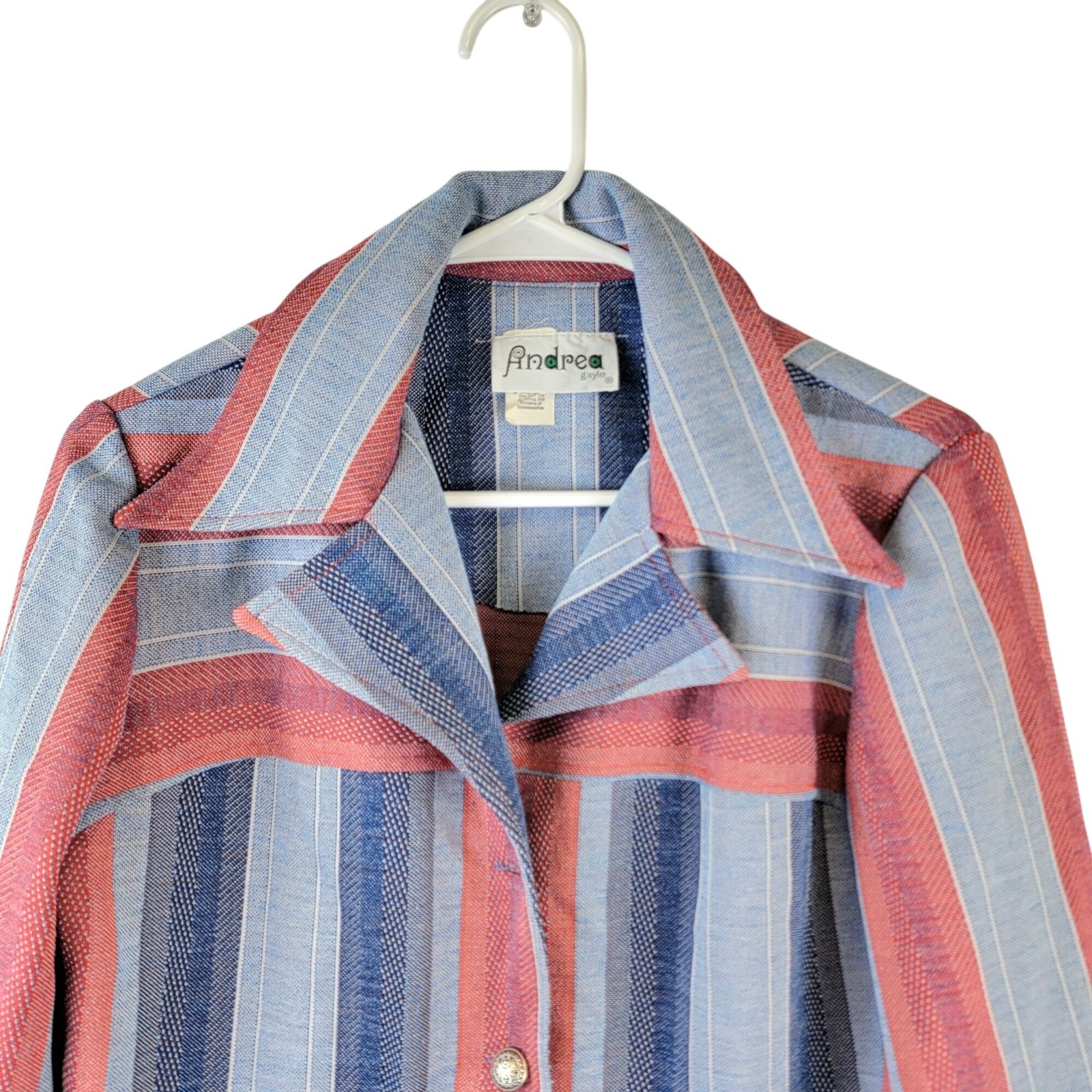 Vintage 70s Stripe Shirt Jacket Women Medium Pink Blue Collar Button Lightweight