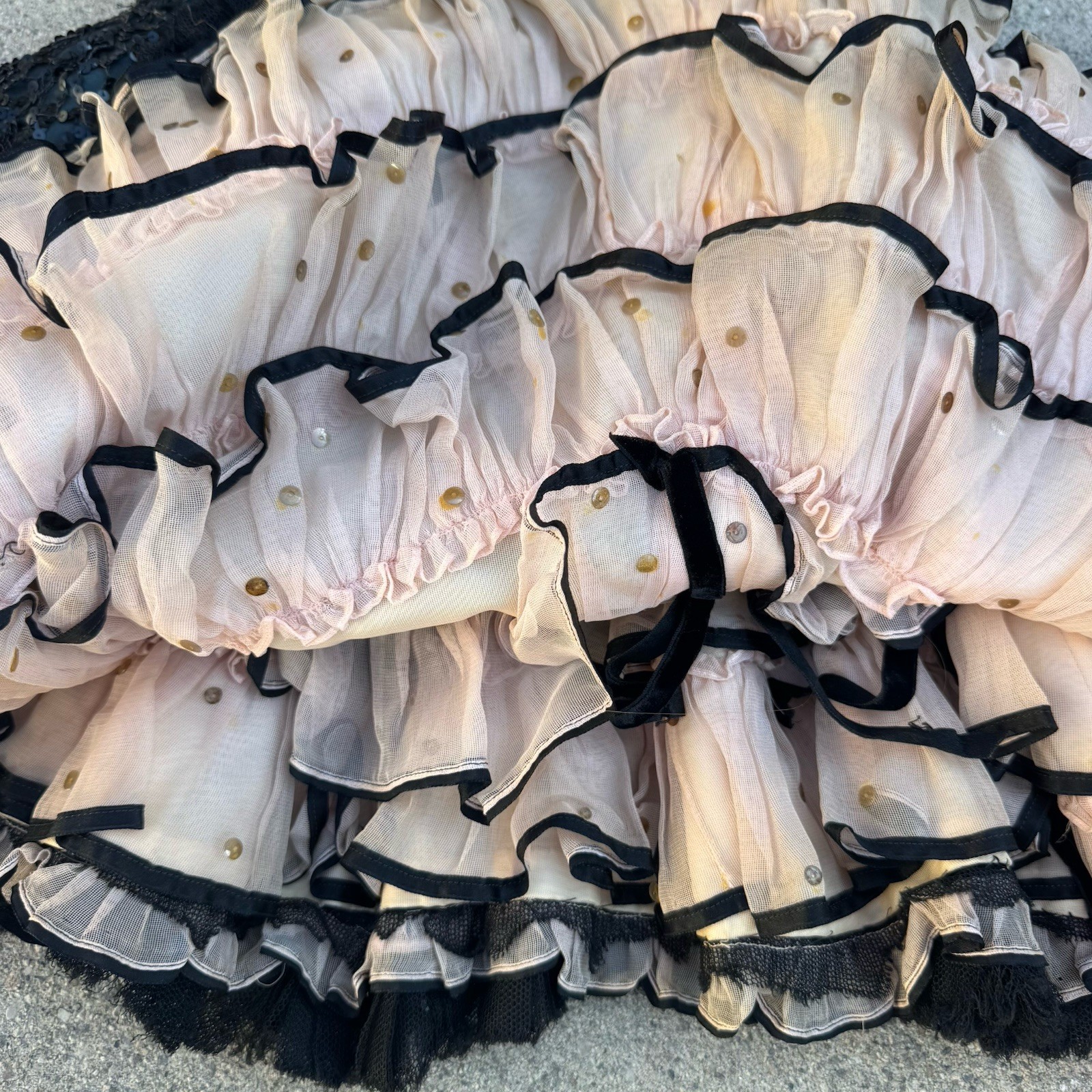 Vintage 1930s Sequin, Satin & Ruffle Paramount Showgirl Dress Burlesque Corset