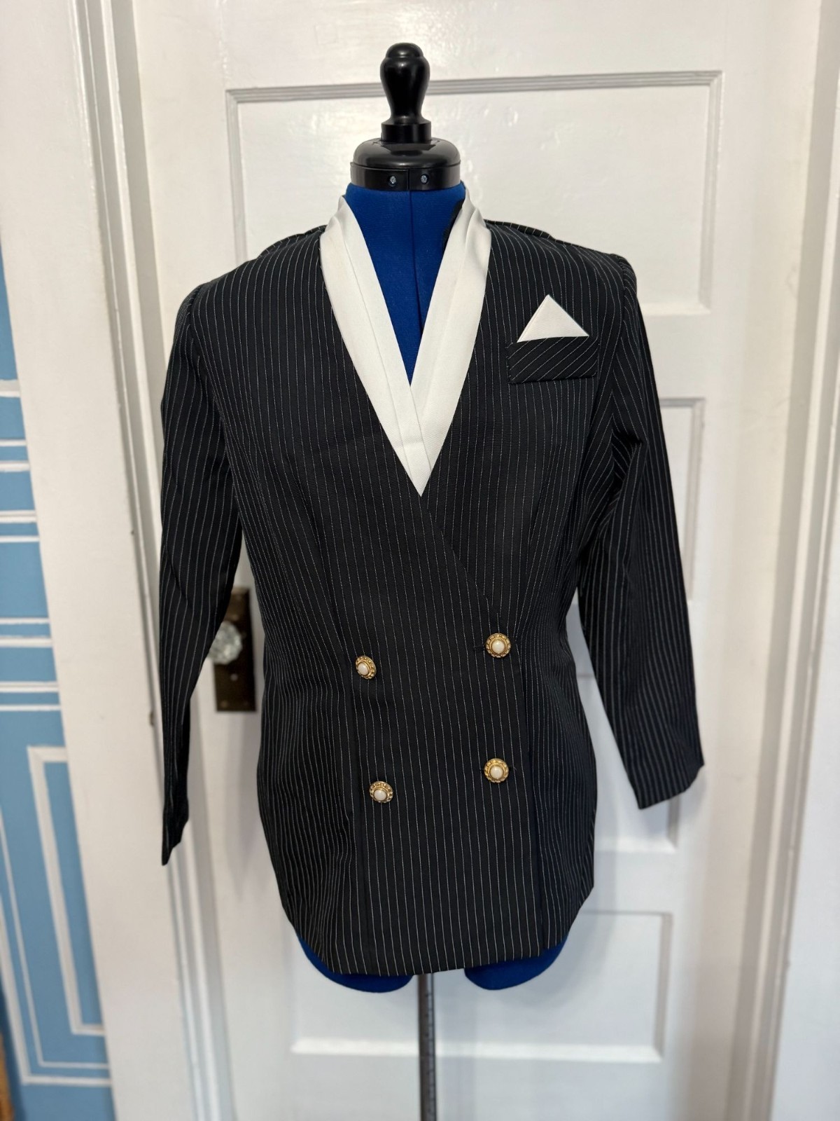 VTG 90s Black + Pinstriped Blazer Pearl Buttons Shoulder Pads, Attached Shirt