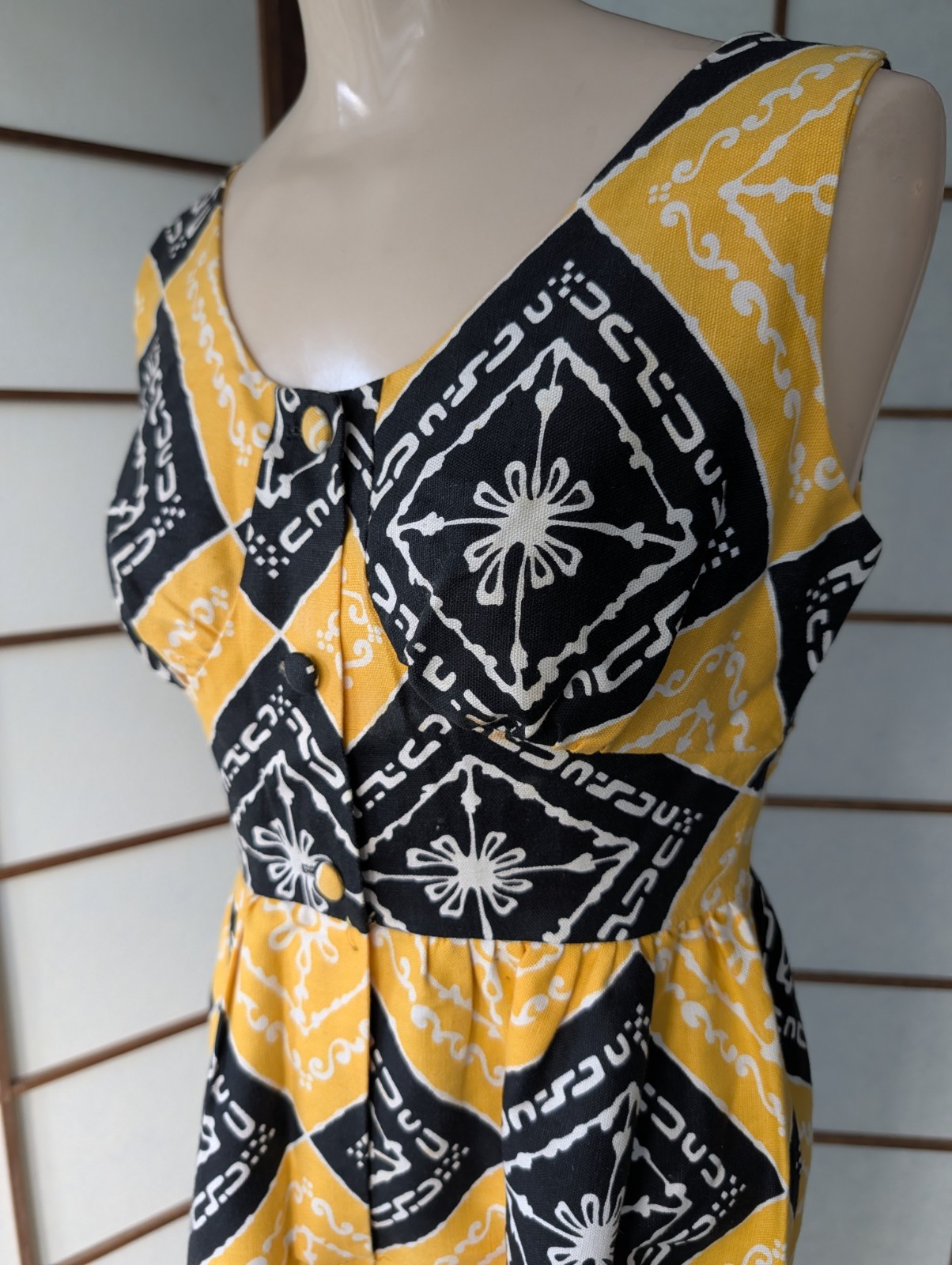 Vtg 70s Malama Hawaii Liberty House Maxi Dress MuuMuu Ylw & Blk Tribal Print XS