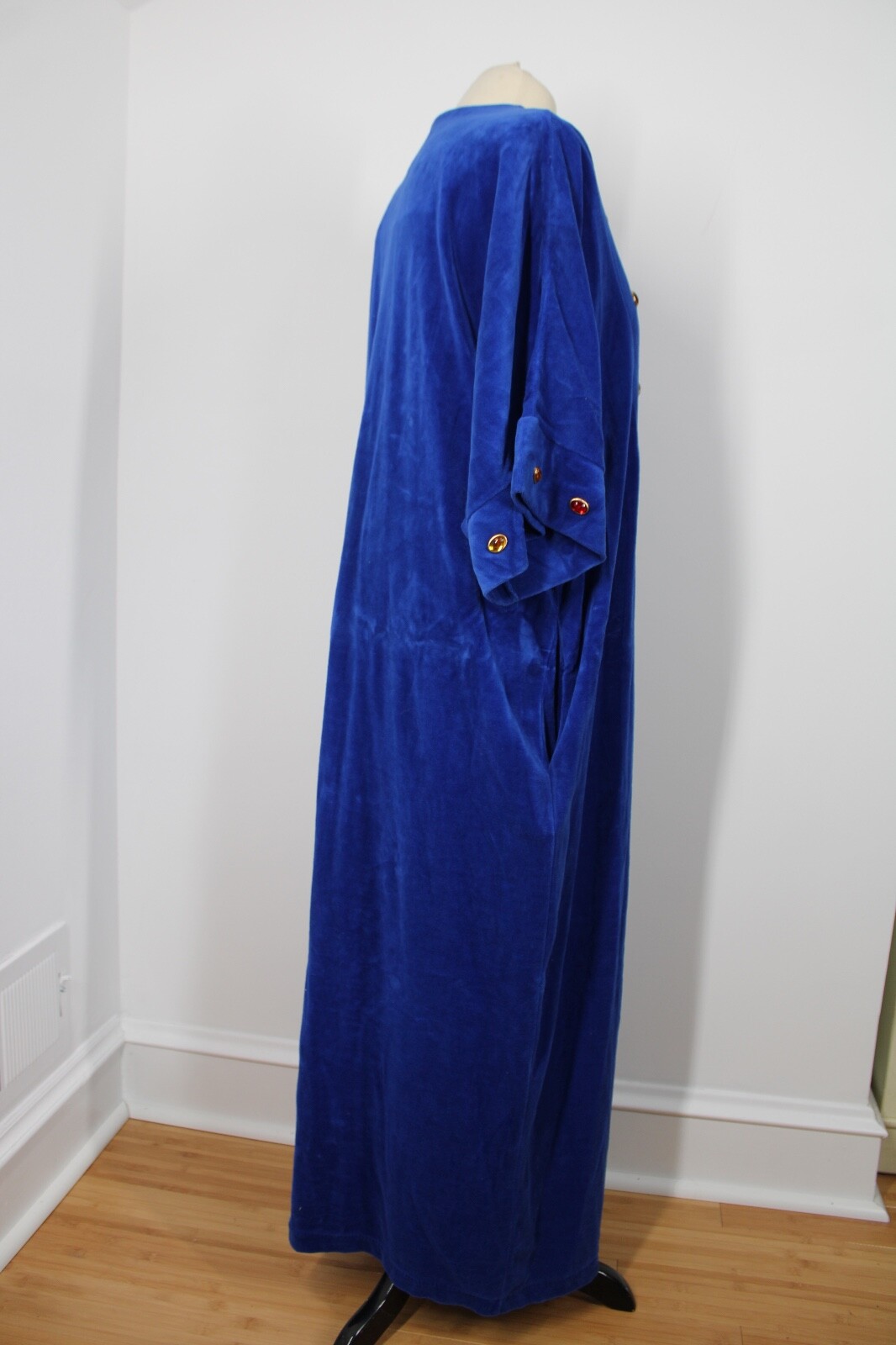 Vtg Brownstone Studio M Royal Blue Plush Jeweled Zip House Dress Robe USA