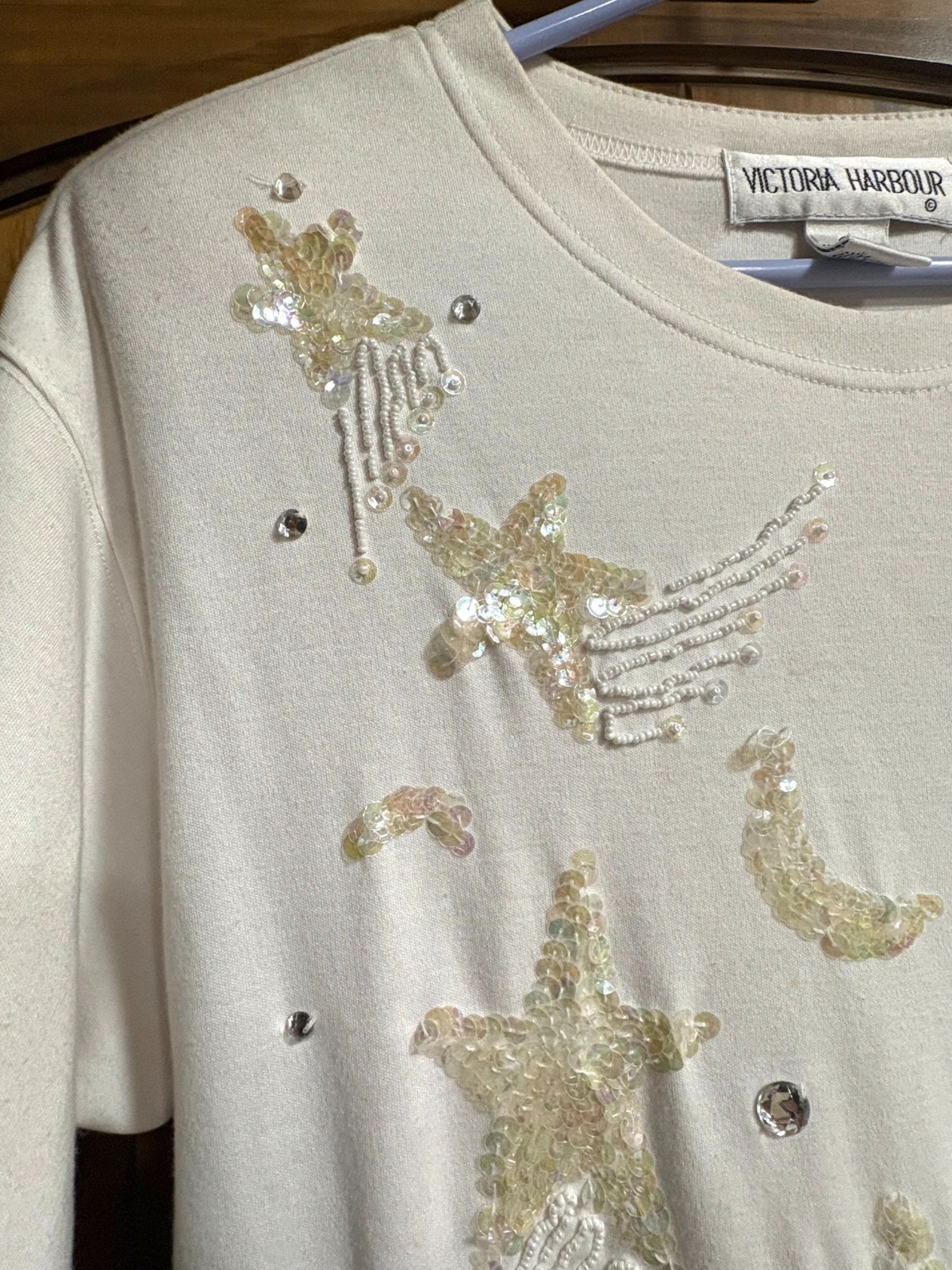 VTG 90’s Victoria Harbour Ladies Beaded Jeweled Top Size Medium Off White