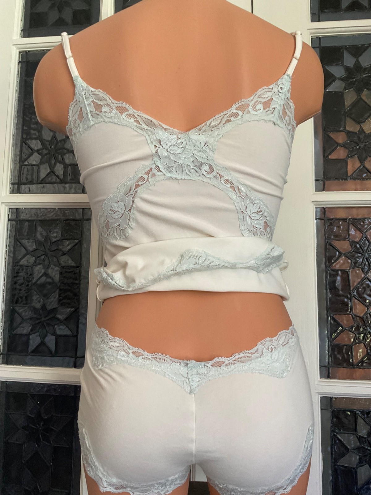 Vintage Pajama Set Cami Top / Boy Shorts Blue Lace Inserts Size Small