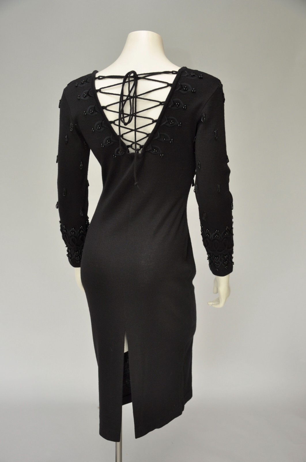 Vintage 1980s Black Body Con Sexy Lace Up Back Beaded Party Dress XS-M