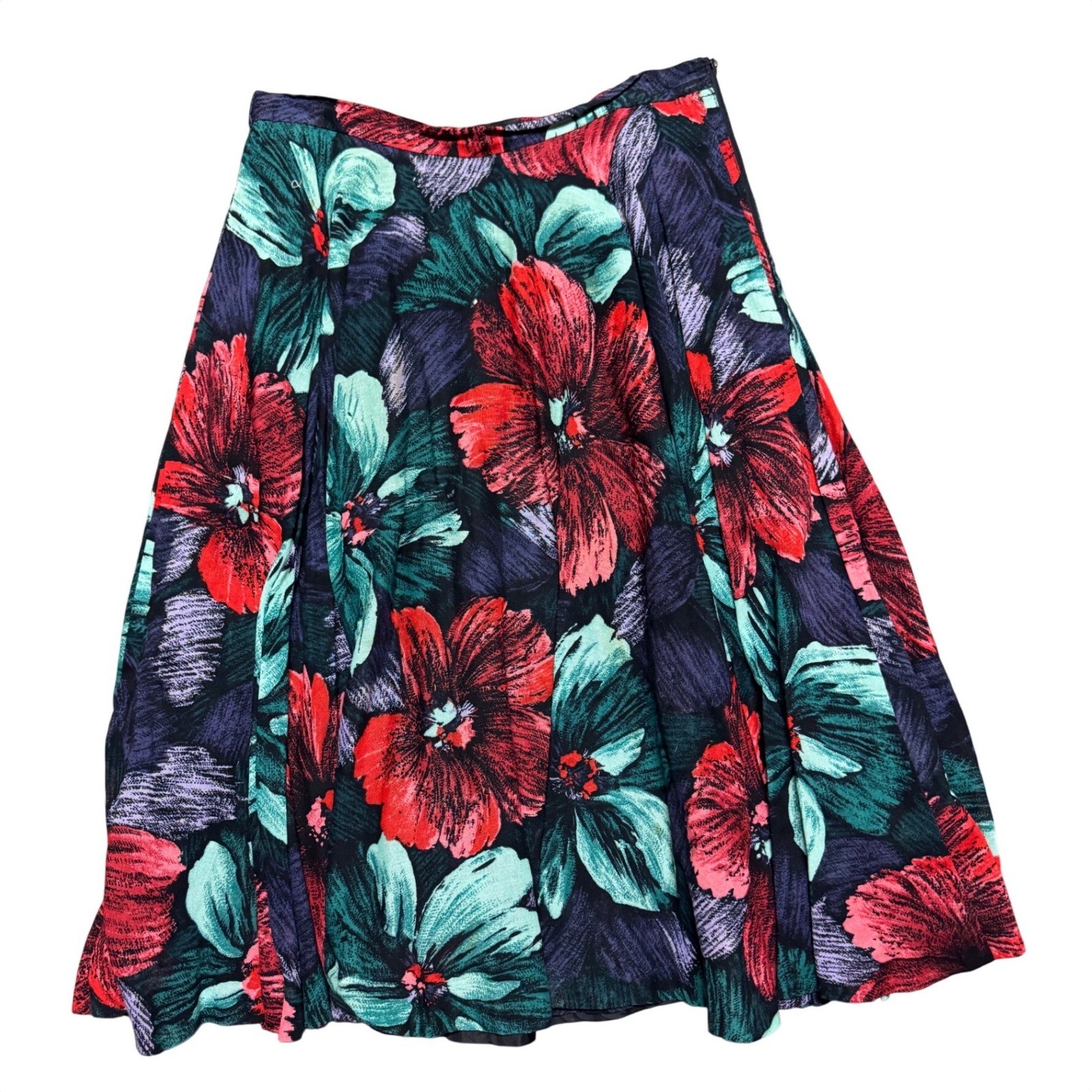 Lucie Linden Vintage Floral Midi Skirt Red Teal Purple A-Line