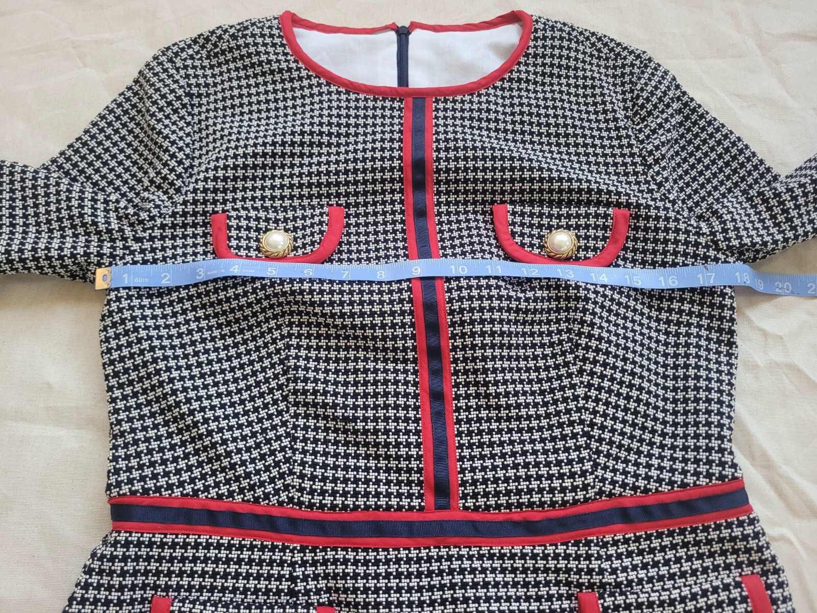 Vintage Handmade Tweed Kate Dress Elegant Classic Black White Red Trim Size M