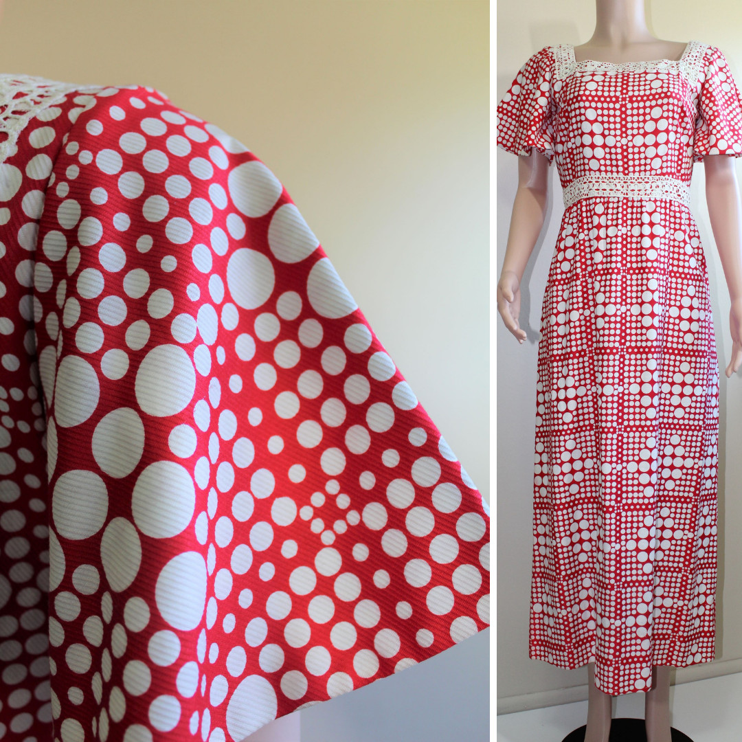 M Vintage 70s Maxi Prom Dress A Line Red White Polka Dot SS Puritan Juniors