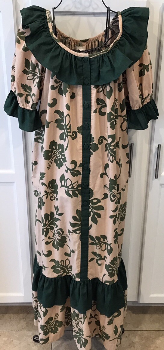 Vintage Lucky You Hawaii Pink Beige & Green Ruffle Hem Puff Sleeve Maxi Dress 2X