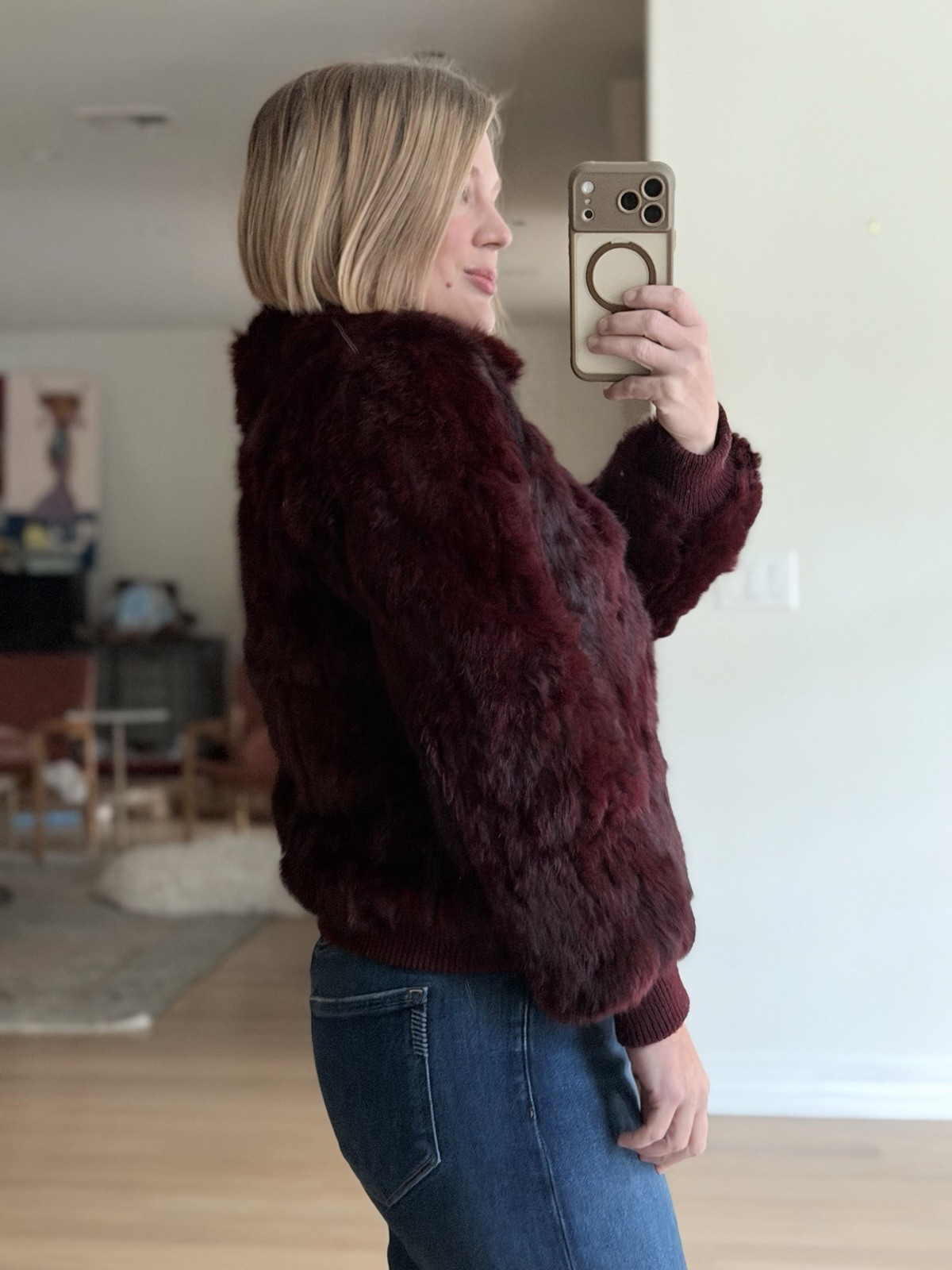 RARE Vintage 70’s Bomber Rabbit Fur Jacket Medium Burgundy Wine Maroon Red Coat