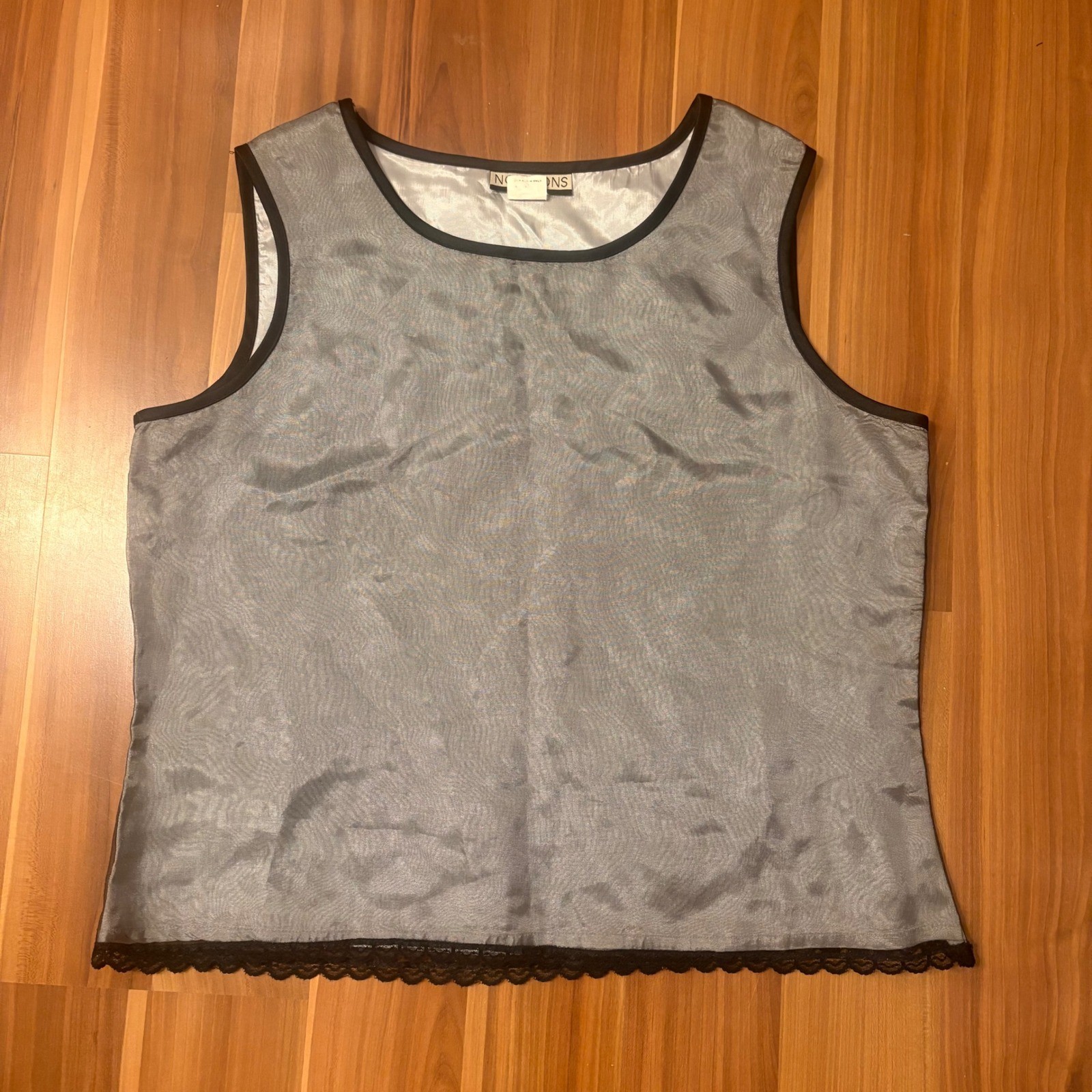 Goth Grunge Notations Vintage Silver Gray Mesh Tank Top W Black Lace Trim Size M