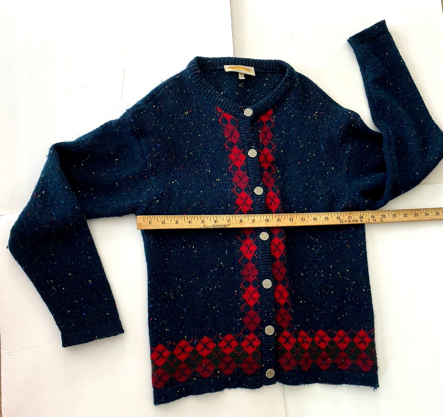 James Pringle Blue Red Argyle 7 Button Wool Cardigan 38/40 UK Celtic Knot 10/12
