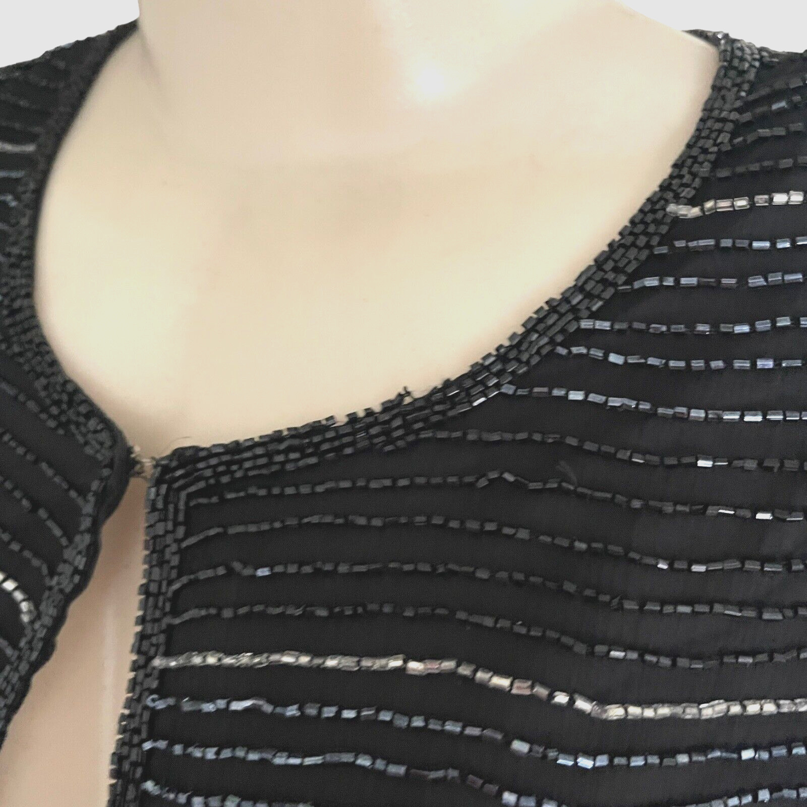 80s Laurence Kazar Hand Beaded Silk Jacket Black Wedding Guest Formal Blazer L