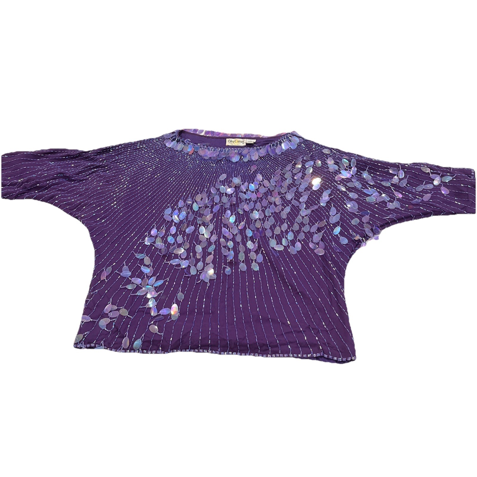VTG OLEG CASSINI Royal Purple SEQUIN BEADED EMBELLISHED EVENING BLOUSE Size S