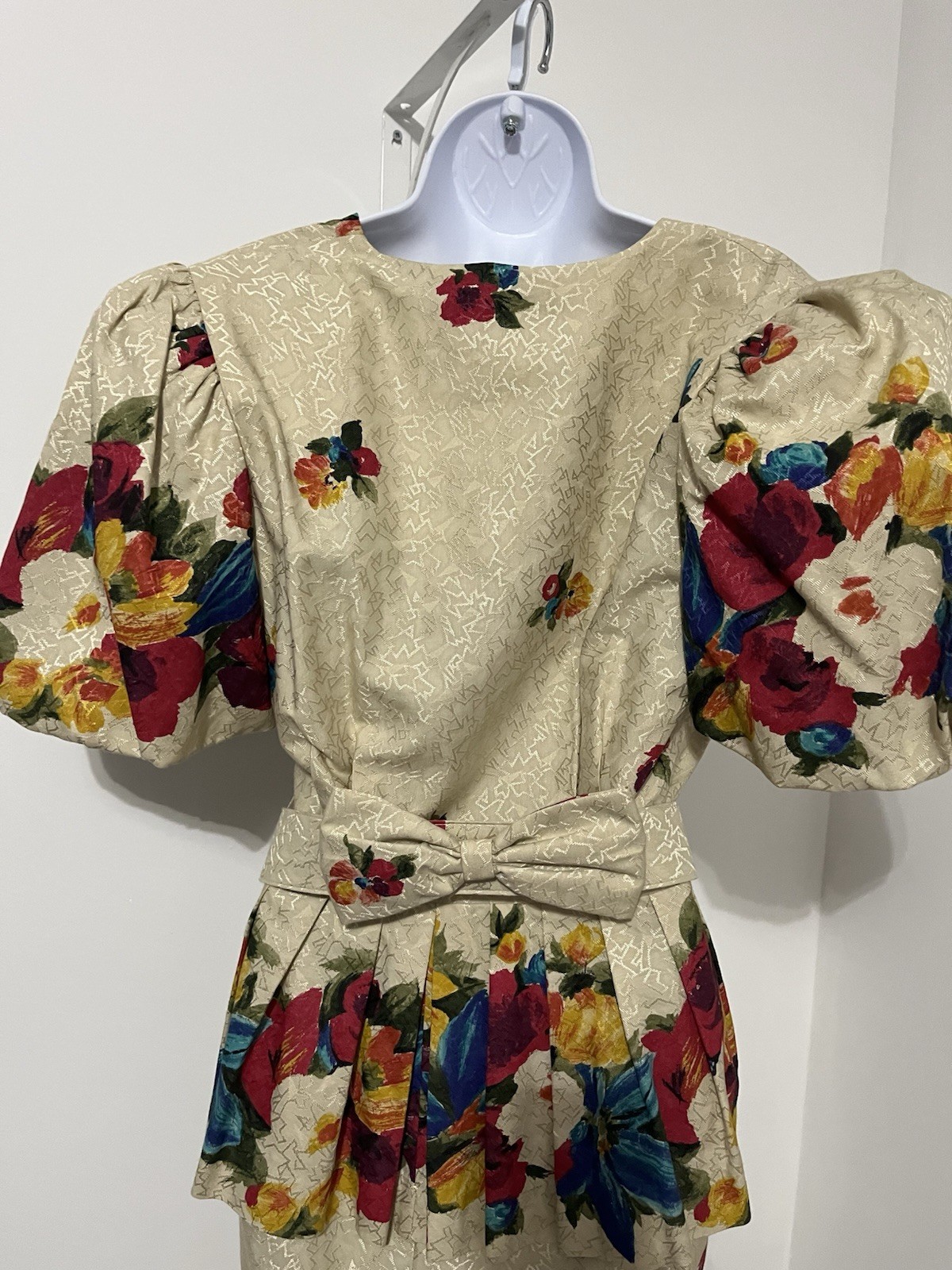 Antara Vintage Made in USA 80s Floral Peplum Dress Beige Multi-Color 9/10