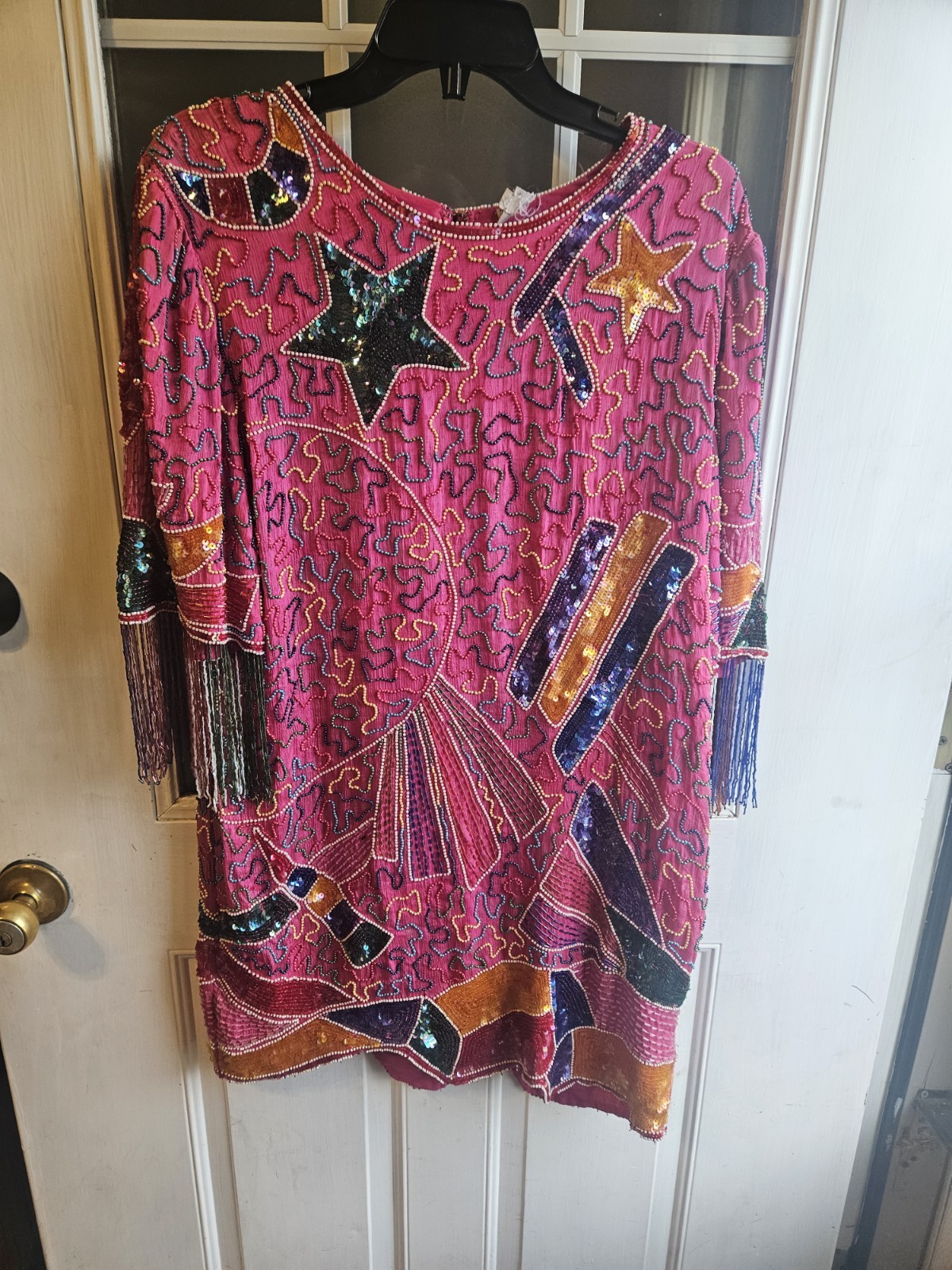 Vintage 80s Flapper 100% Silk Funky Beaded Whimsical Retro Large Sequin Dress