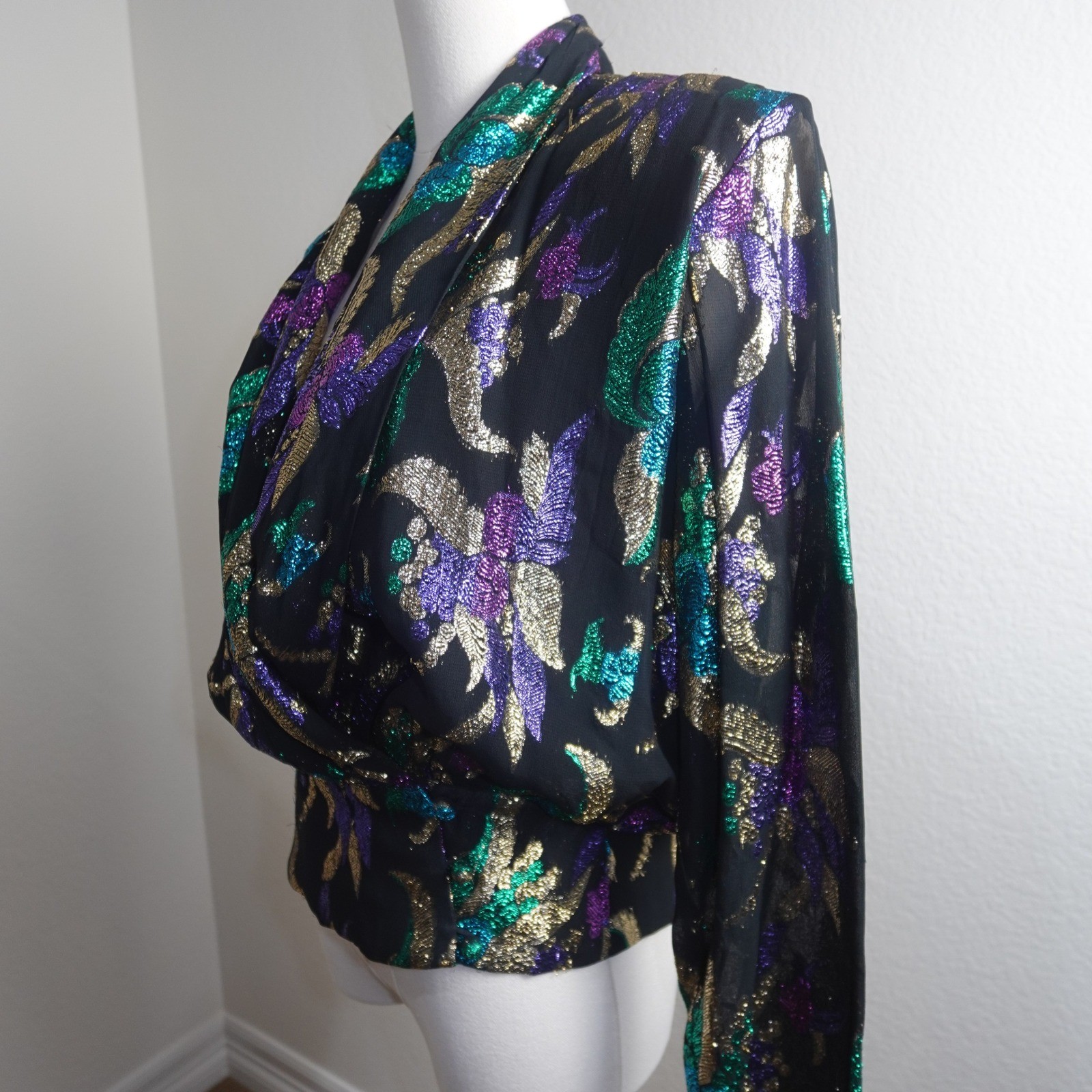 Vintage Anne Klein Black Metallic Abstract Blouse Purple Teal Gold Glam Top 80’s