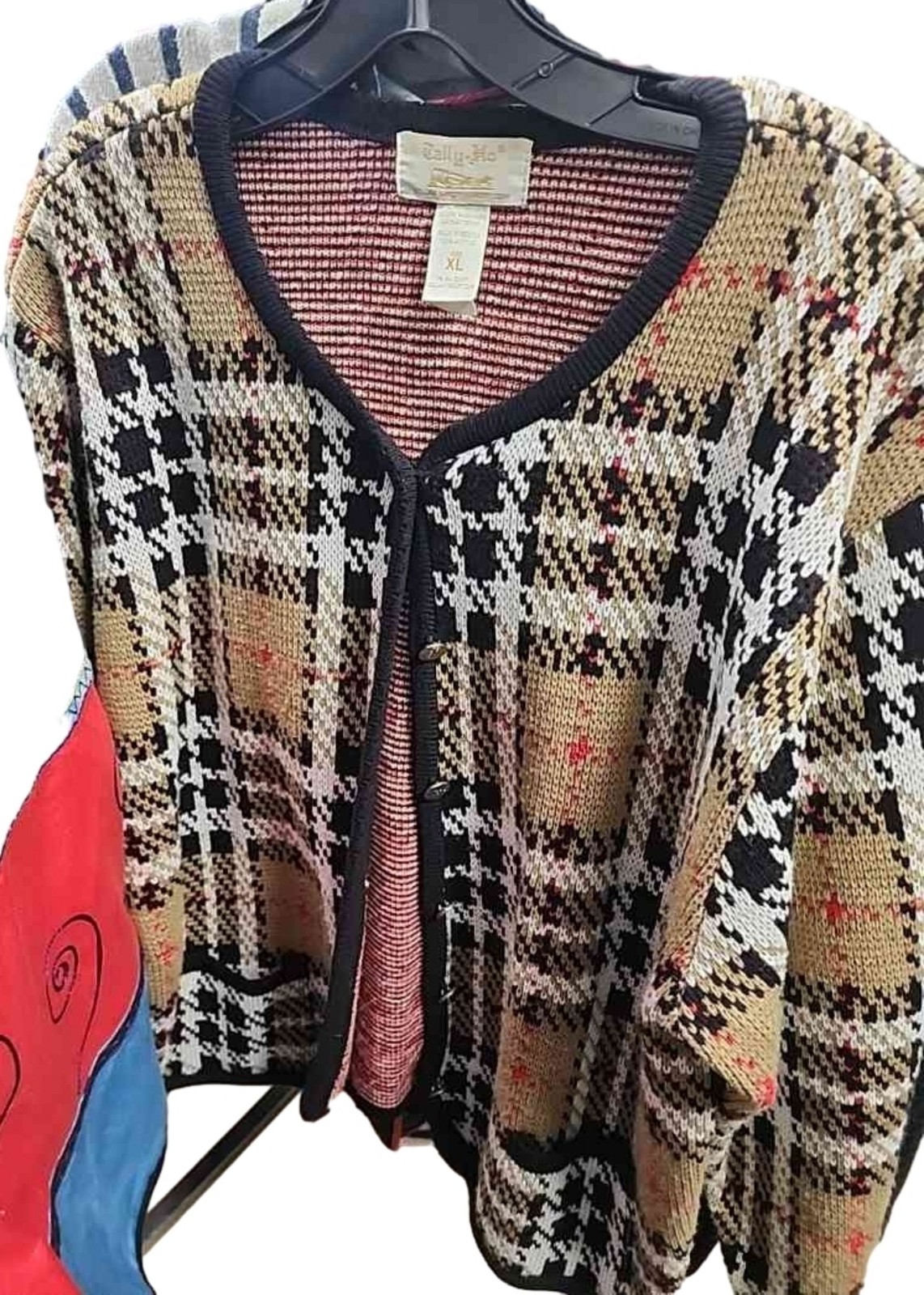 Tally-Ho Cardigan Sweater Womens XL Button Up Plaid Knit Long Sleeve