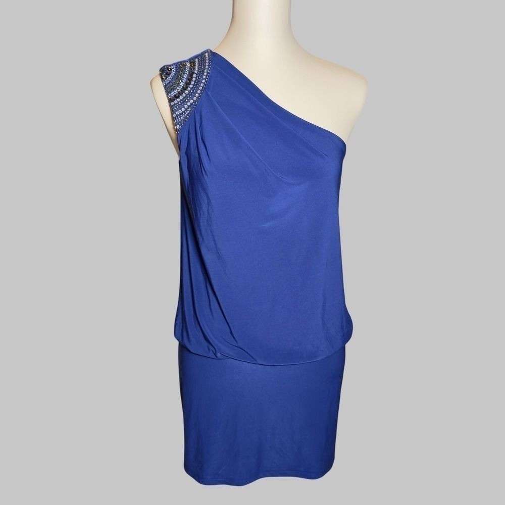 Vintage 1990’s Cache One Shoulder Cobalt Blue Dress With Embellished Shoulder