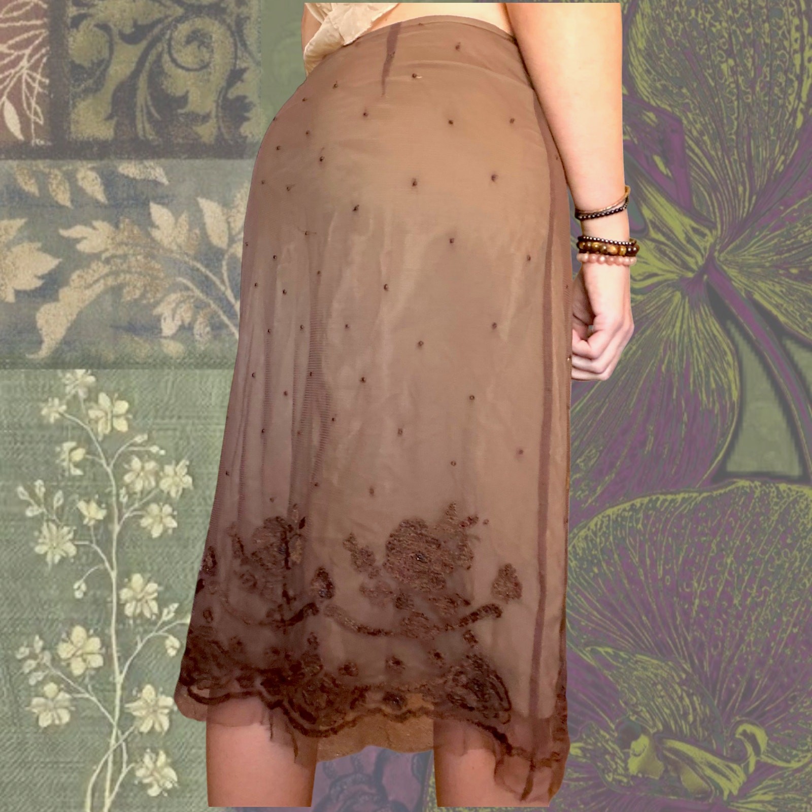 Y2K IBeaded Mesh Midi Skirt Brown Embroidered Fairy Goth Whimsigoth Boho Size 6