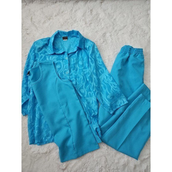 Salon Studio Vintage 3pc Pant Set Medium Turquoise Floral Burnout Shirt Tank