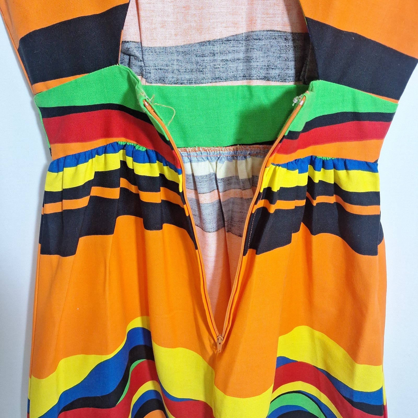 Vtg 70s Malia Honolulu Rainbow Striped Dress Cutout Open Back Mod Pop Art Small