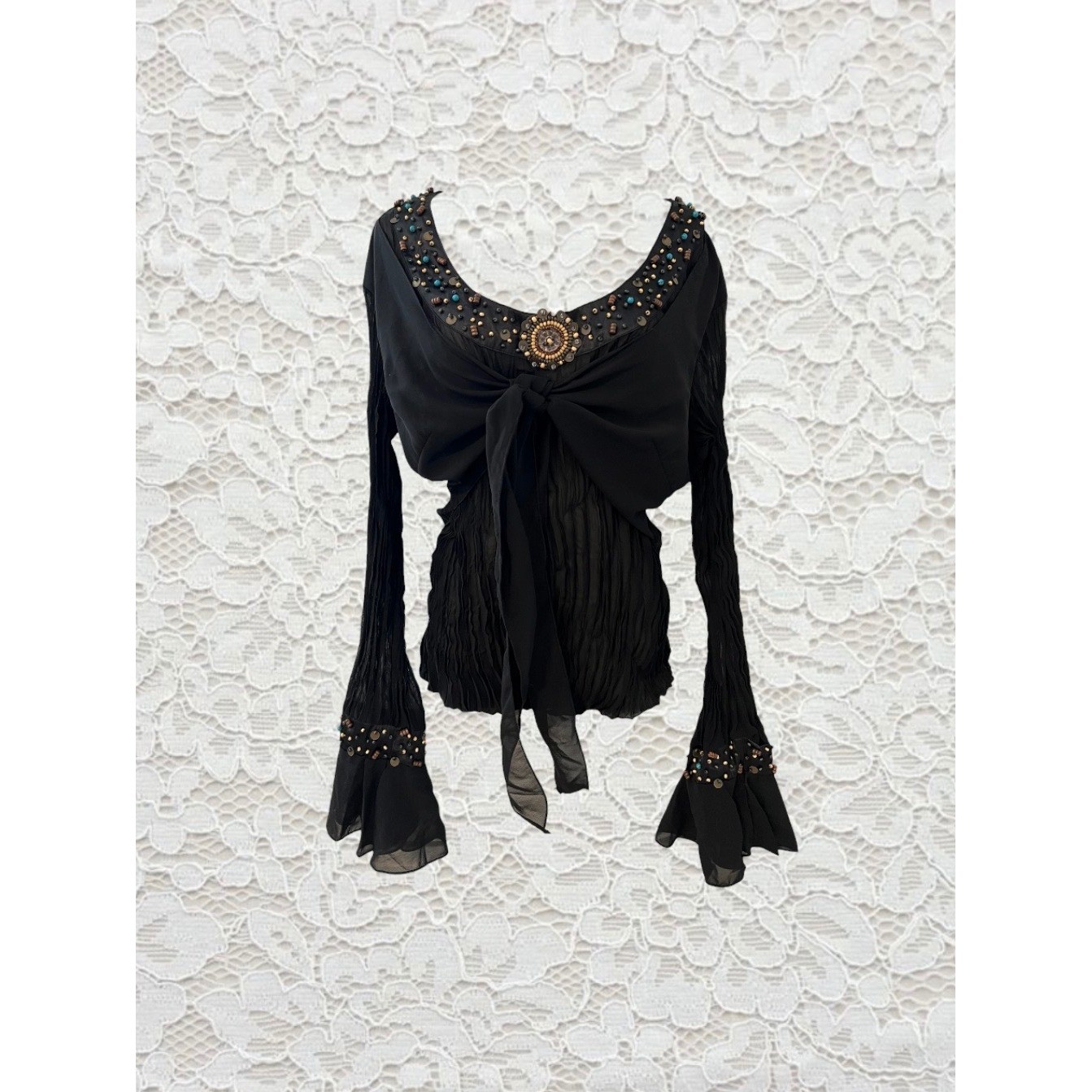 vintage y2k mesh beaded belle sleeve fairy whimsygoth top