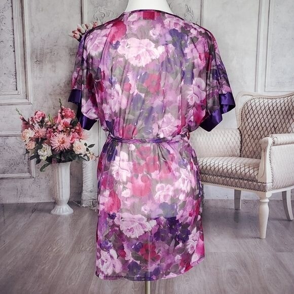 Vintage Sheer Floral Purple Multi-Color Double Tie Waist Robe Size Medium