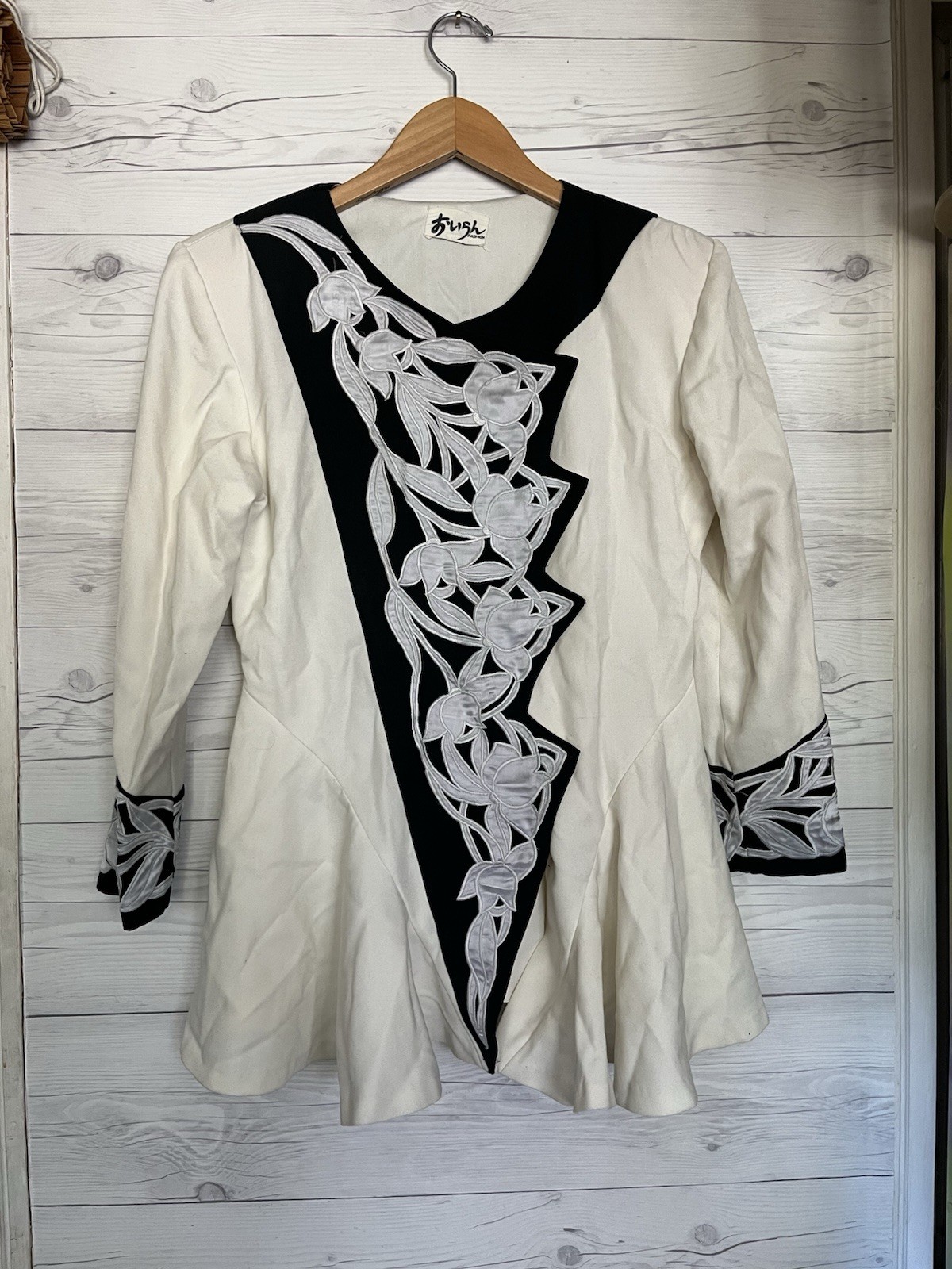 Vtg 90s Embroidered Peplum Jacket Blazer Top Unique Fashion Blue White Small