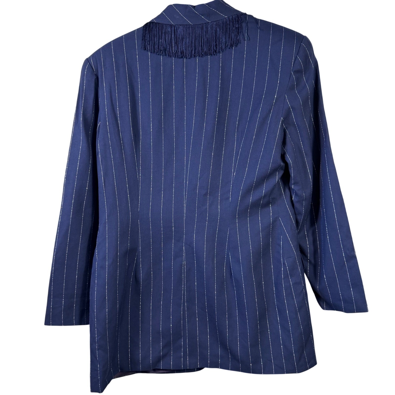 Vintage Memphis Navy Pinstripe Fringe Skirt Suit Set Western Blazer Large
