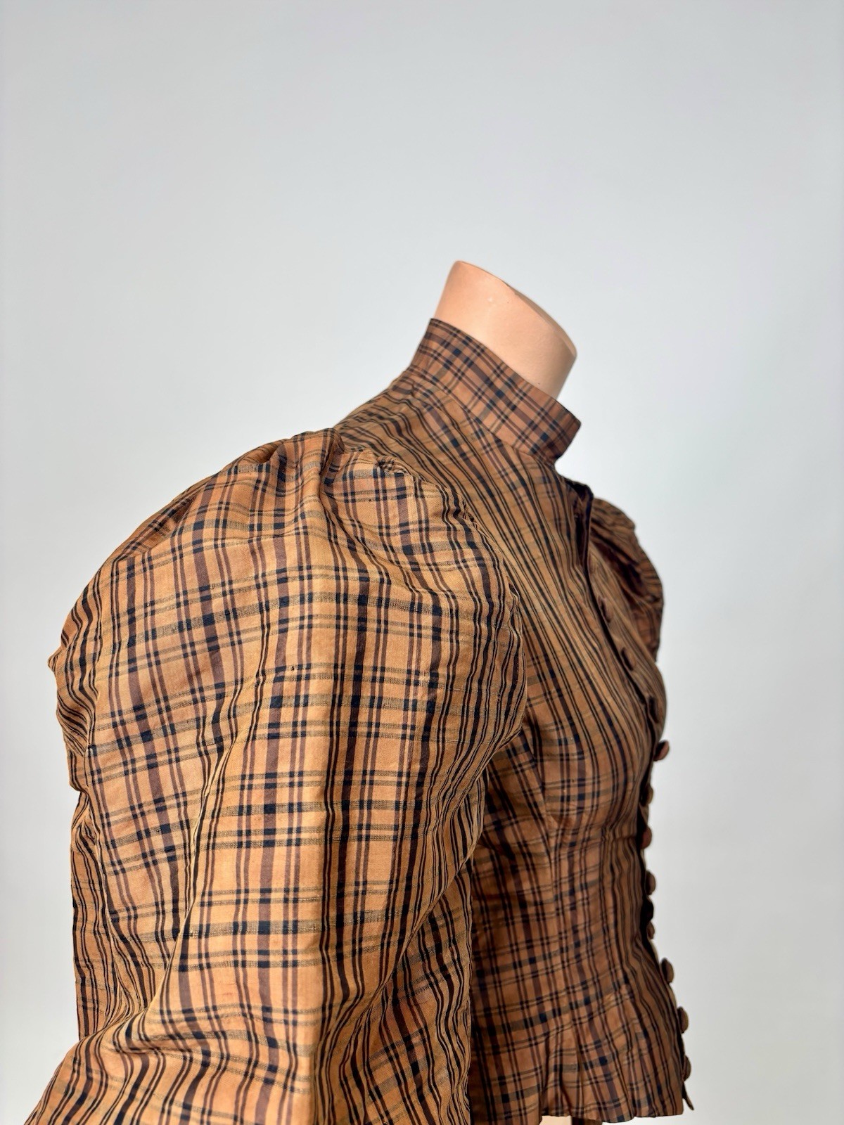 Antique Victorian 1890 Jacket Bodice Leg of Mutton Sleeve Brown Black Plaid Silk