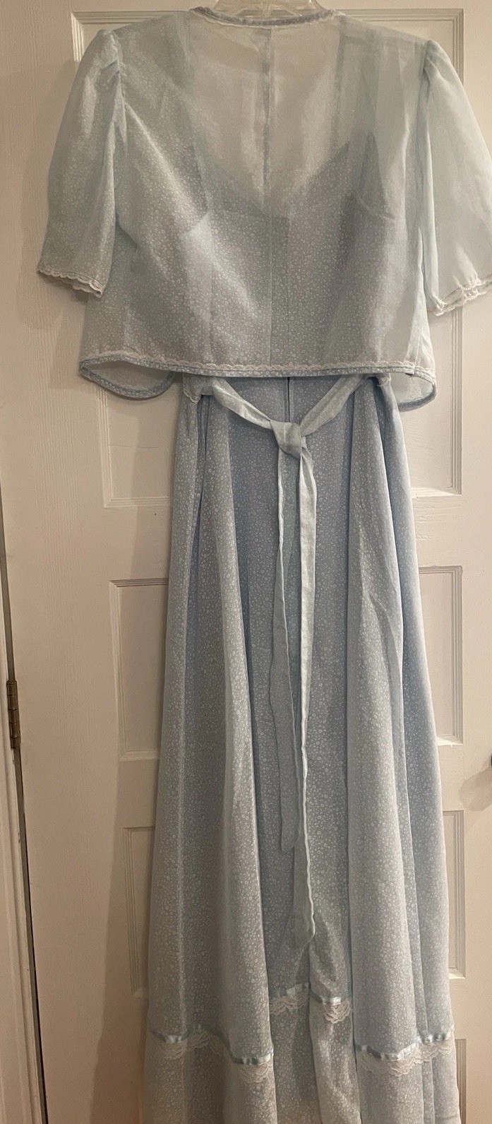 Vintage 1970’s 2Piece Maxie Dress Size Small Pale Blue & White W Bolero Top