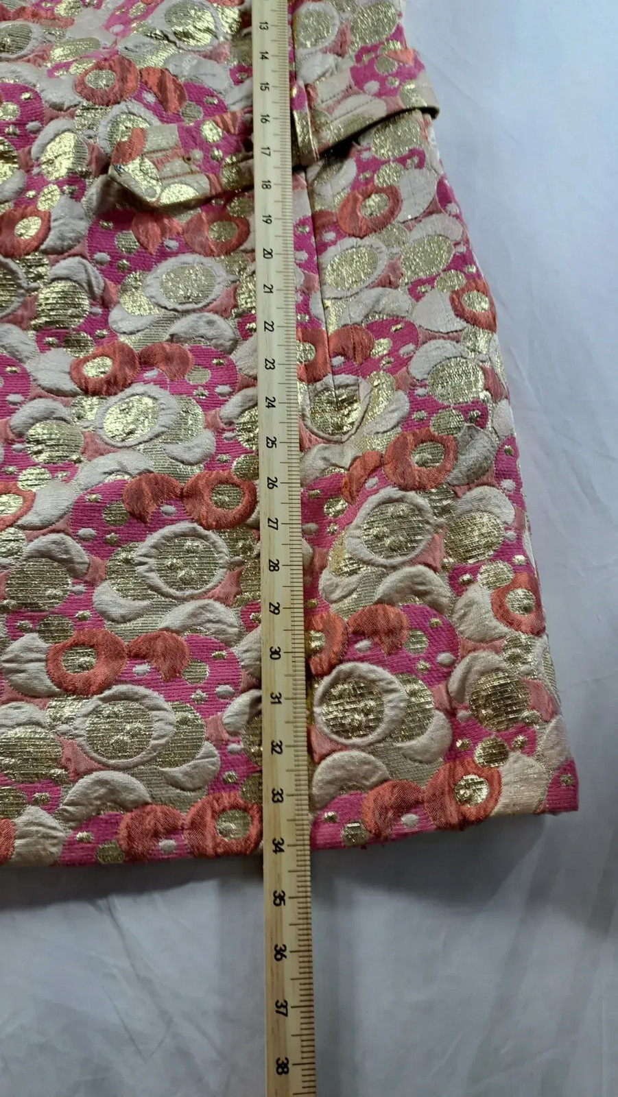 Vintage Women’s Brocade Jacket Skirt Set Pink Gold Metallic Circle Pattern