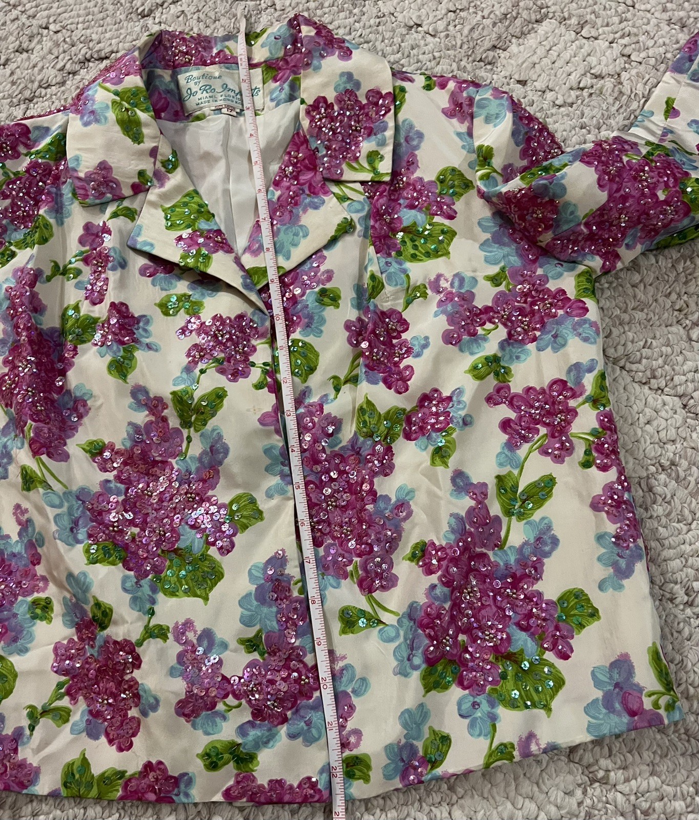 Vintage 50s Jo Ro Imports Beaded Sequins Blouse Jacket White Floral Size 12 M/L