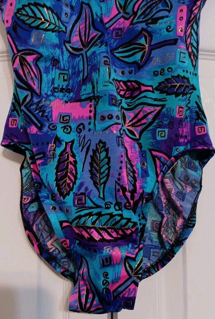 Vtg Jantzen One-Piece Swimsuit, Size 8, Colorful 80s Design, USA, Teal, Purple