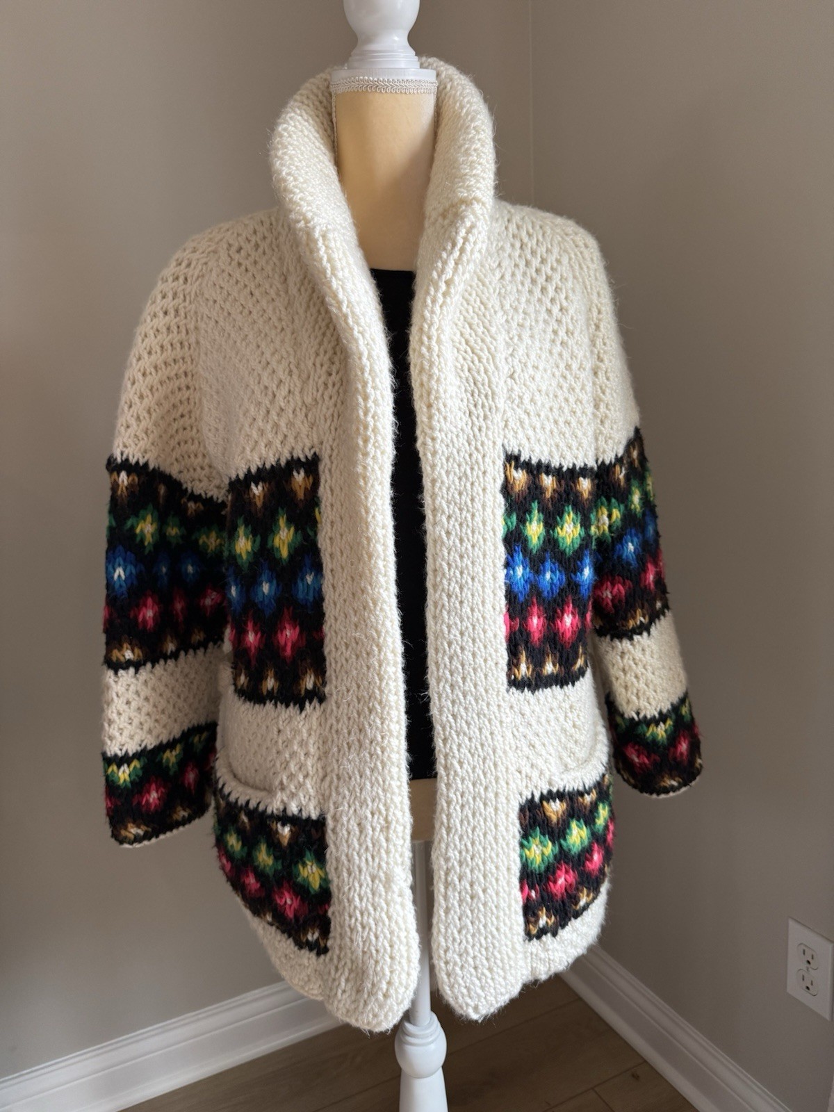 Vintage 60s-70s Cowichan Cardigan With Pockets ~ Shawl Collar ~ Chunky Knit