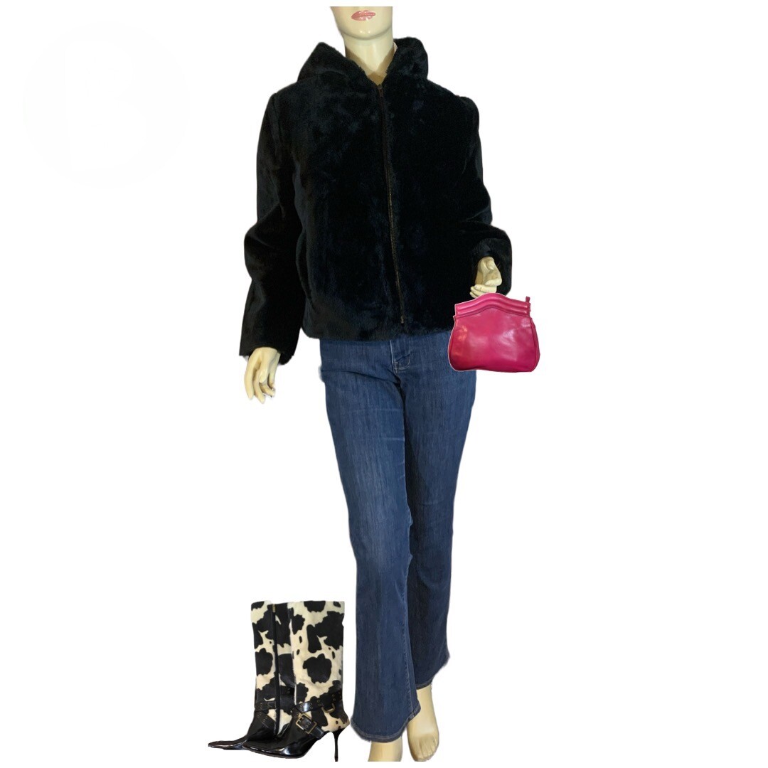 VINTAGE 1980’S BLACK FAUX FUR GLENOIT HOODED SHORT COAT SIZE 10