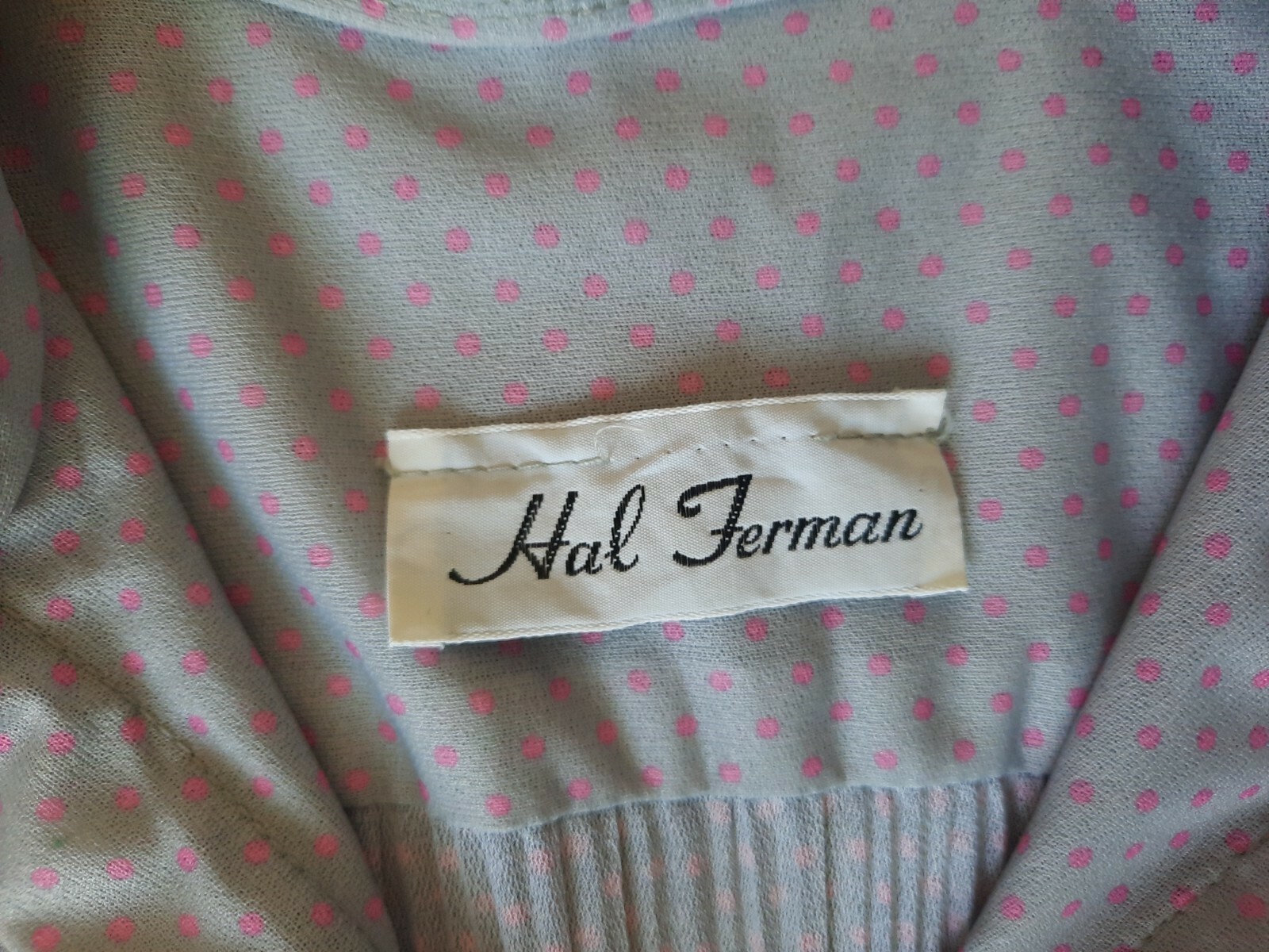 VTG Hal Ferman Midi Dress Women Size M Long Sleeve Gray Pink Polka Dots Pleated