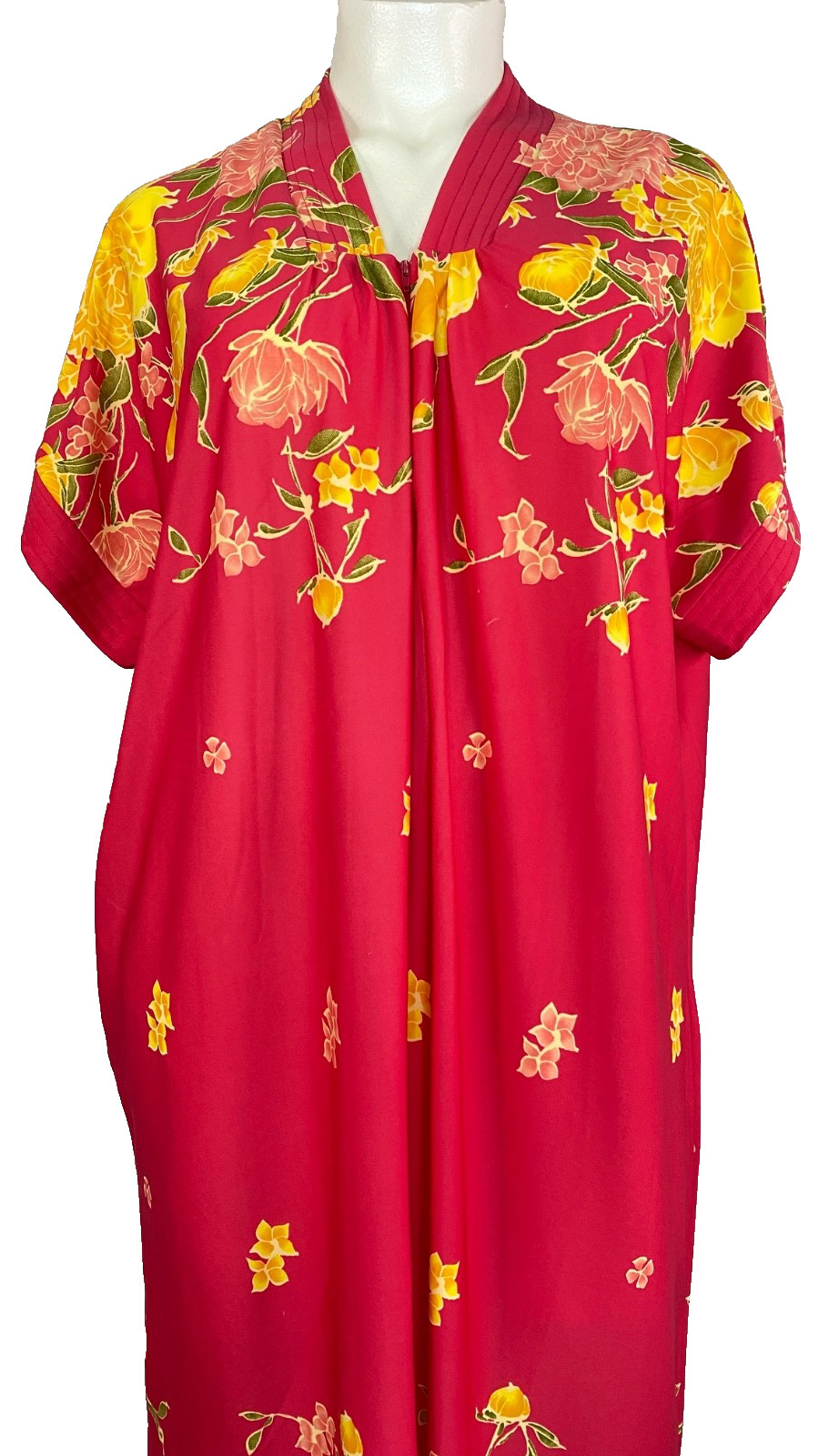 Vintage 1980s long pink yellow floral maxi dress XL lounge muumuu kaftan robe