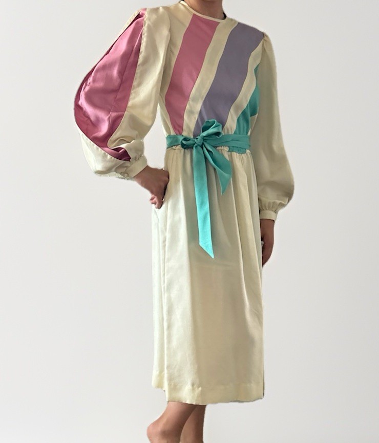 Vintage Multicolor Pastel Striped Long Sleeve Belted Dress Size 10 Easter