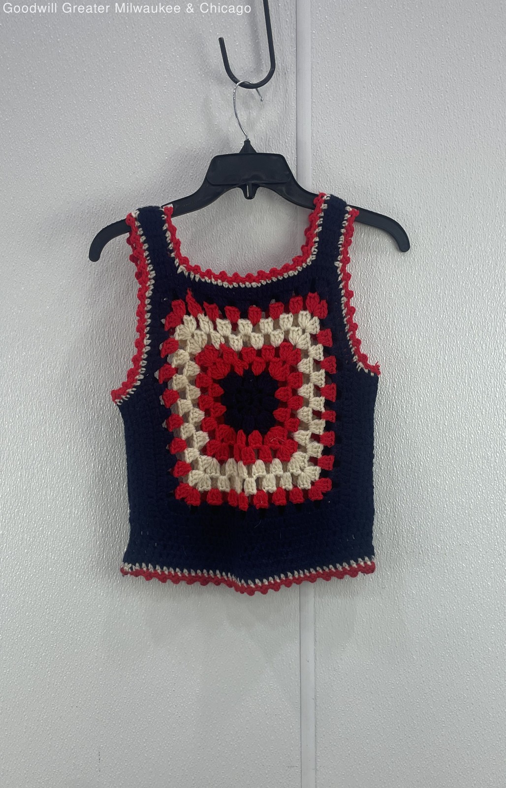 Womens Red Navy Beige Crochet Square Pattern Tank Top Retro Vintage Style