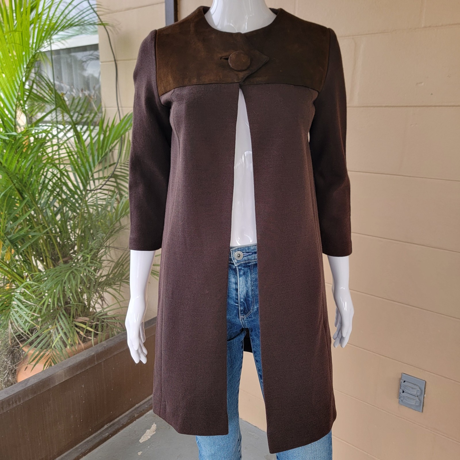 Vintage 70s Brown Coat Wool-Blend Suede Details Trench Women Size 5 XS