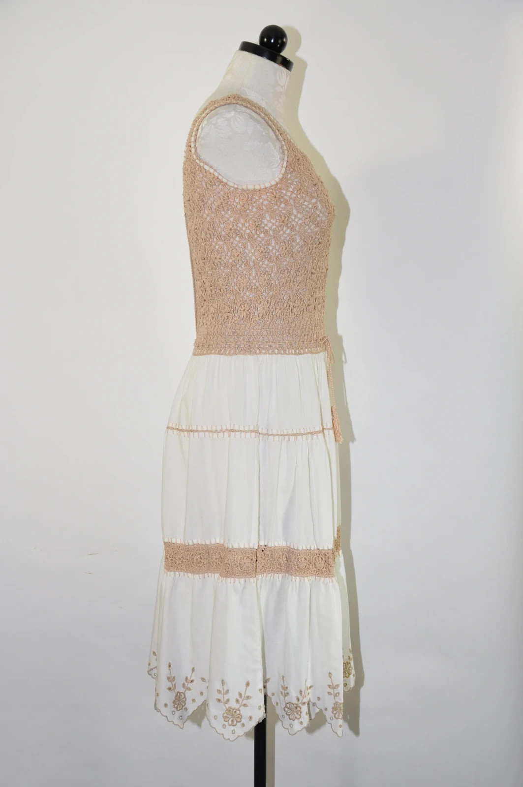60s Beige White Sheer Crochet Knit Strappy Bohemian Peasant Sundress Women S M