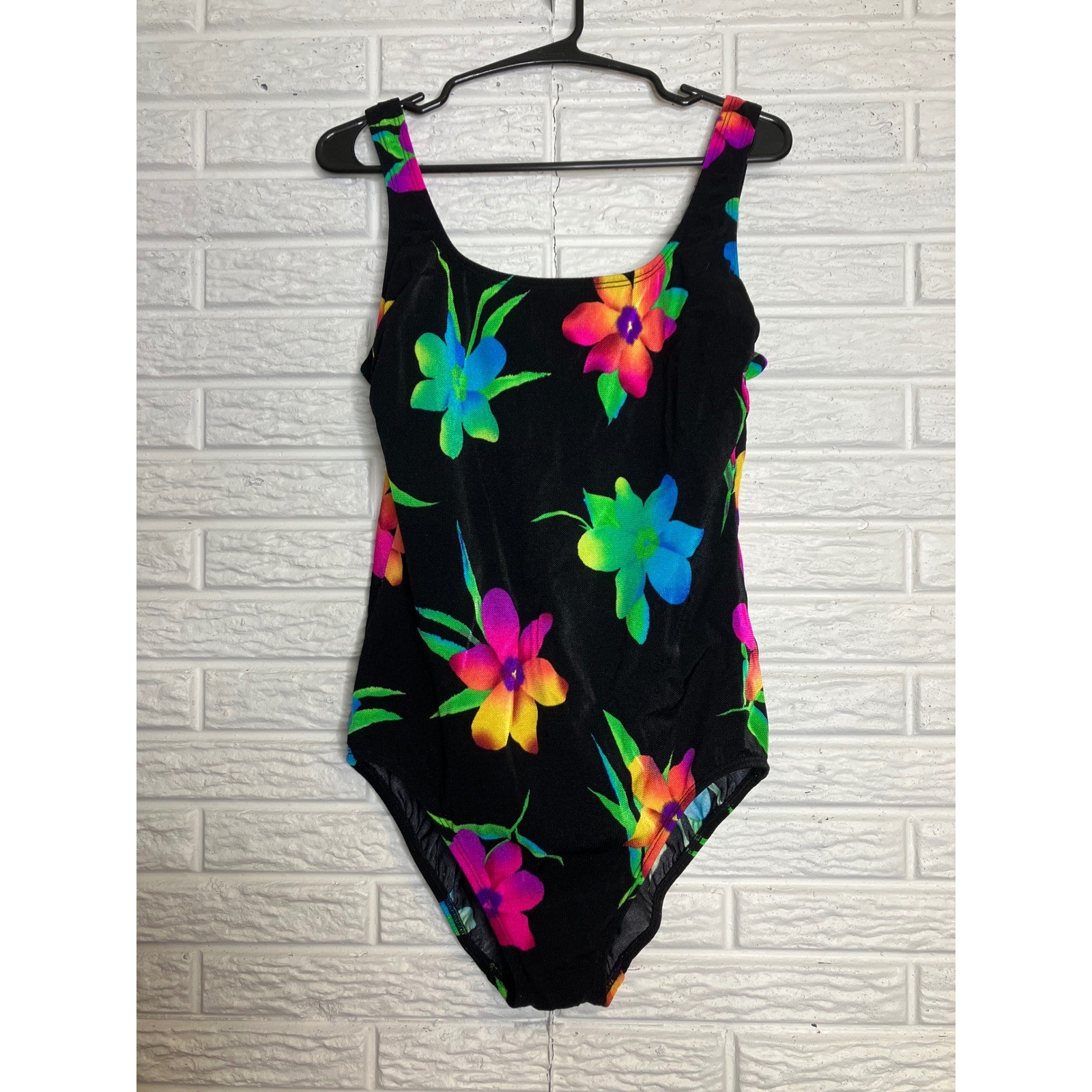 Robby Len Swimsuit Womens 16 Black Neon Floral Excellent Vintage Crisscross Back